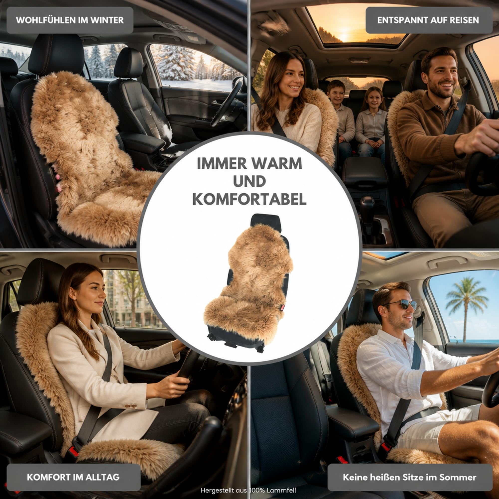 Lammfell Autositzauflage für Ledersitze – wärmend und atmungsaktiv – Naturform langwollig, 115 x 65 cm (Kamel)