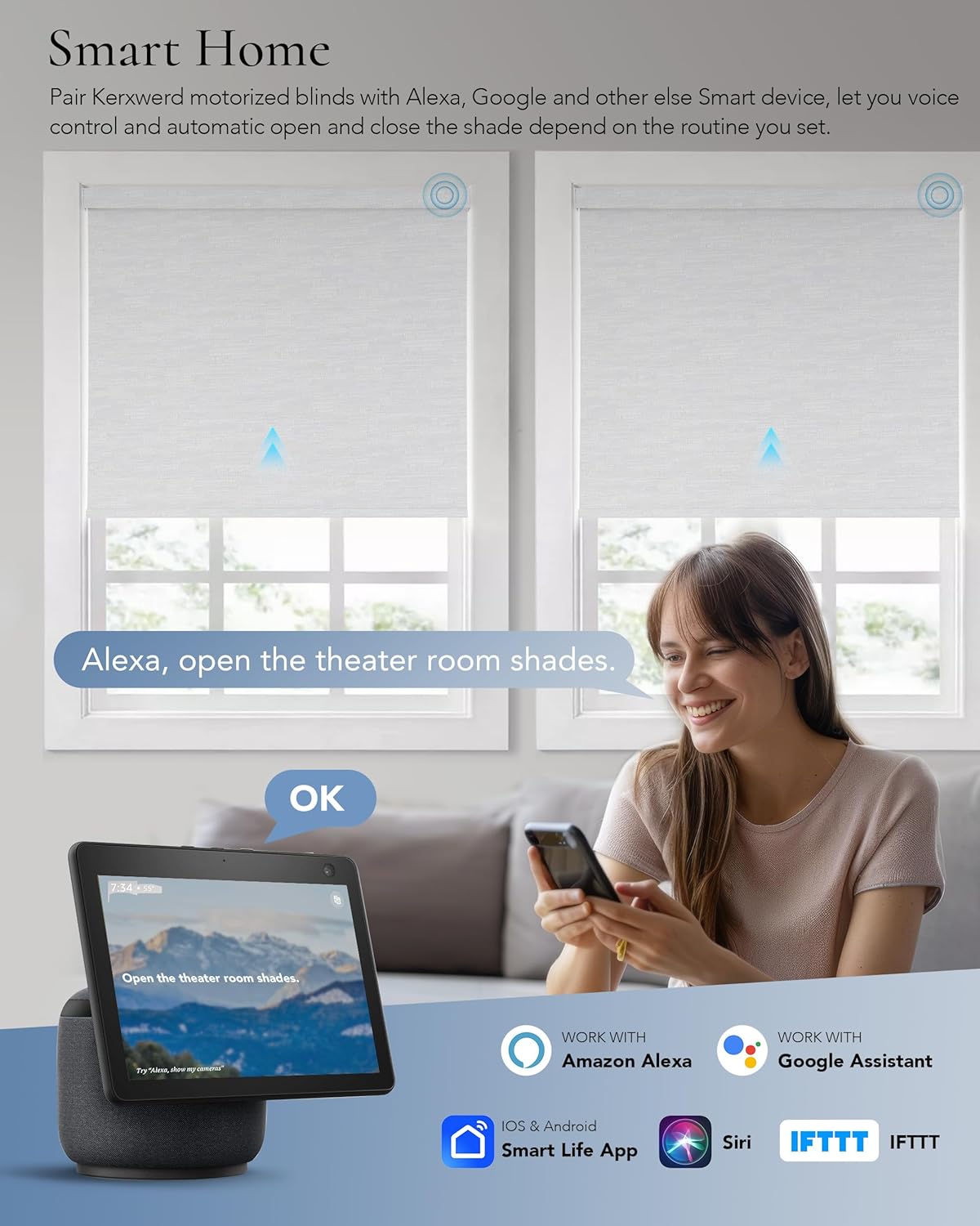 Motorized Blinds Compatible with Alexa Google Custom to 108" Width 100% Blackout Smart Blind Automatic Large Window Roller Shades Remote Control Jacquard White