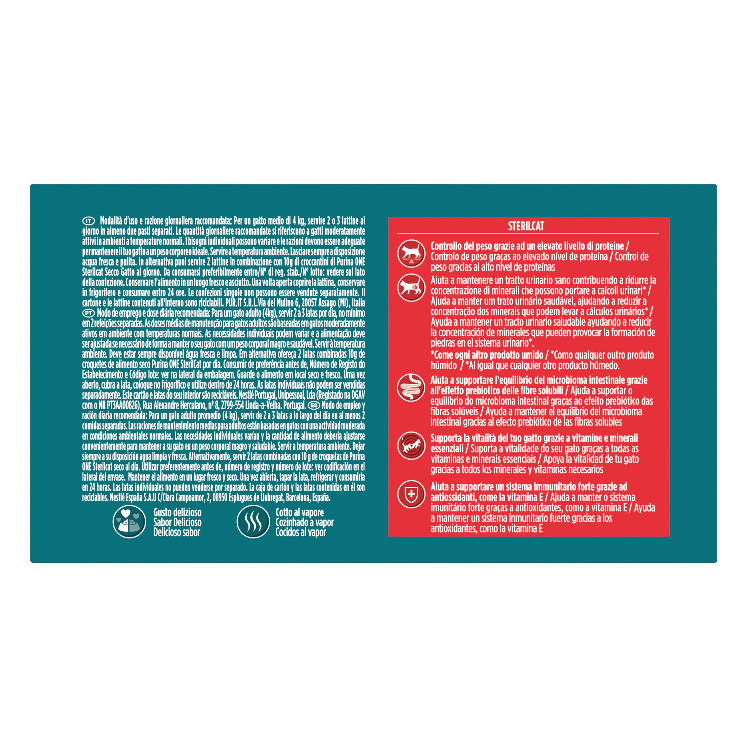 Purina One Sterilcat Filettini in salsa Cibo Umido per Gatti Sterilizzati con Tacchino e Spinaci, Salmone e Carote, 48 Lattine da 85 g