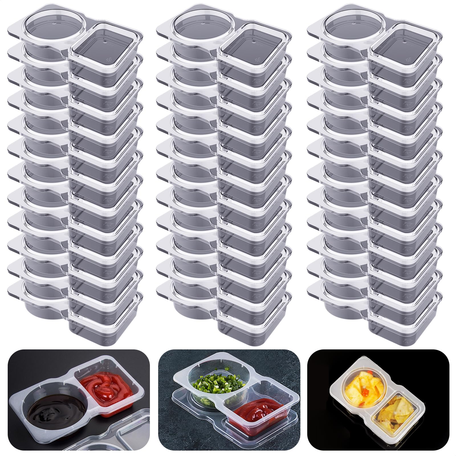 Double Compartment Condiment Containers with Lids, 2024 New Disposable 2 Compartment Snack Containers, Portion Cups Reusable Plastic Snack Container for to-go Sauce, Sampling, Travel Snack - 32 Pcs