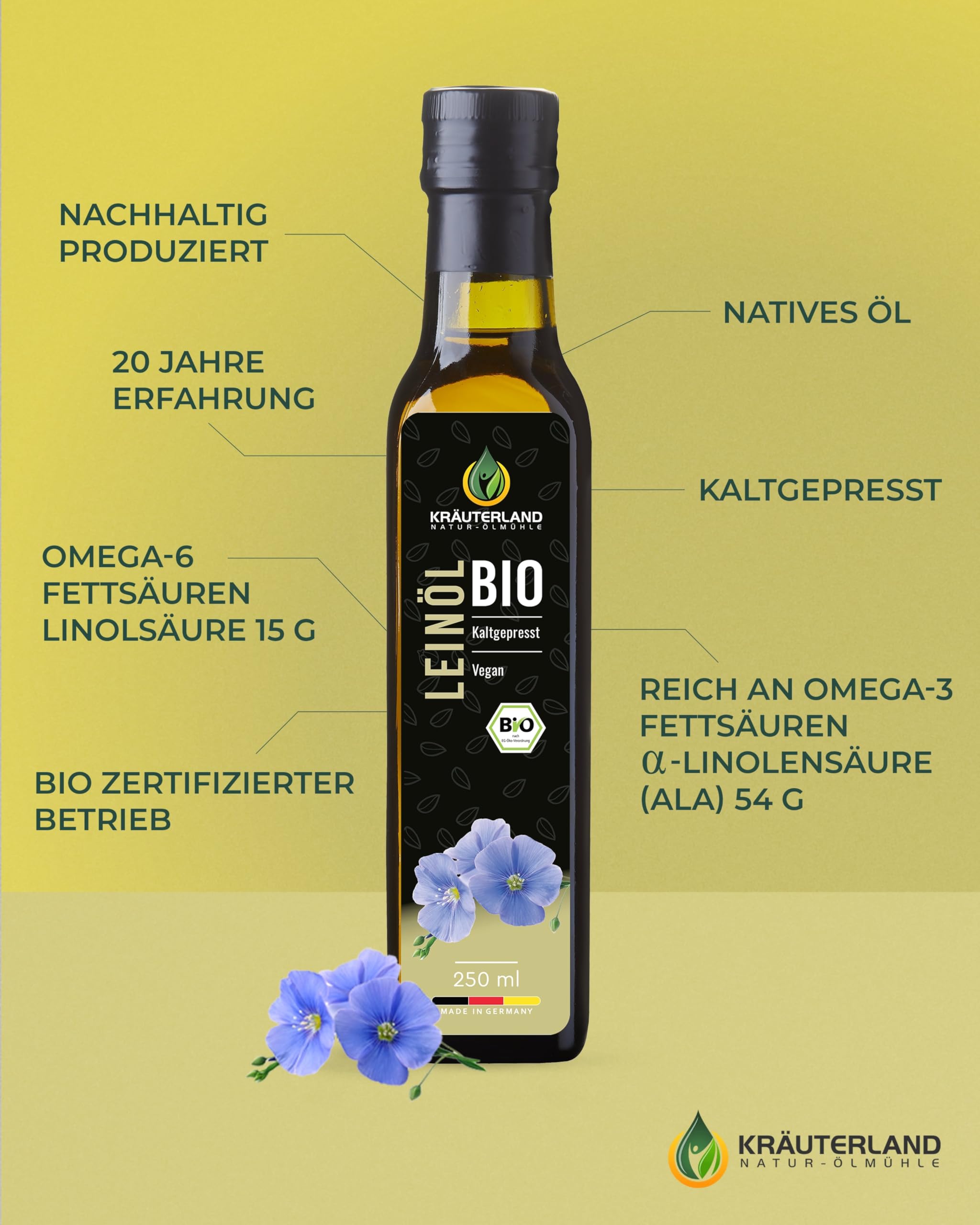 Kräuterland Bio Leinöl 2X250ml (500ml), Bio Leinsamen, kaltgepresst, mild & nussig, reich an Lignane und Omega 3-6-9 Fettsäuren, naturrein ohne Zusatzstoffe, glasflasche, mühlenfrisch - 3