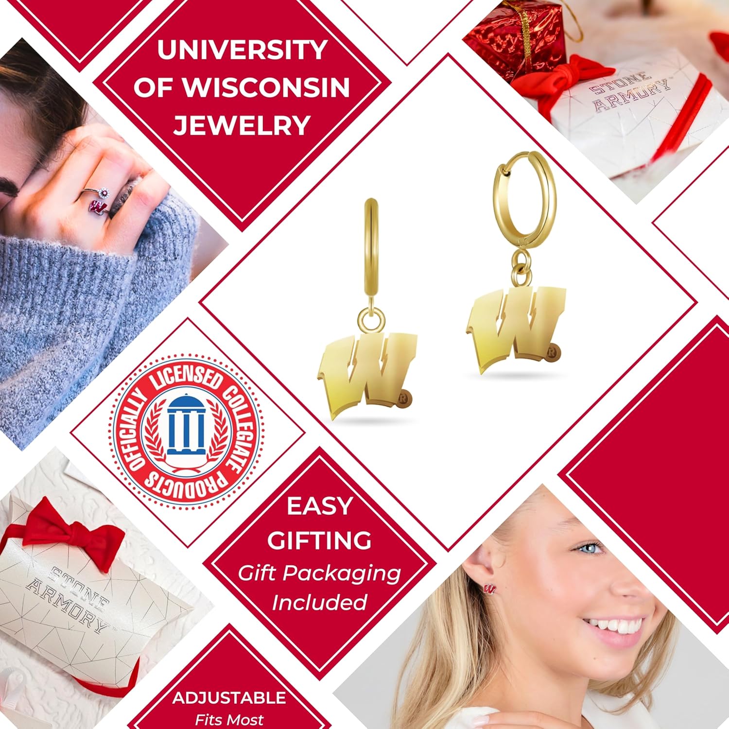 Stone Armory Earrings for University of Wisconsin Jewelry Gifts for Women, Graduation – Stainless Steel Skin-Friendly Wisconsin Badgers Earrings 18K Gold Finish Block W Hoops