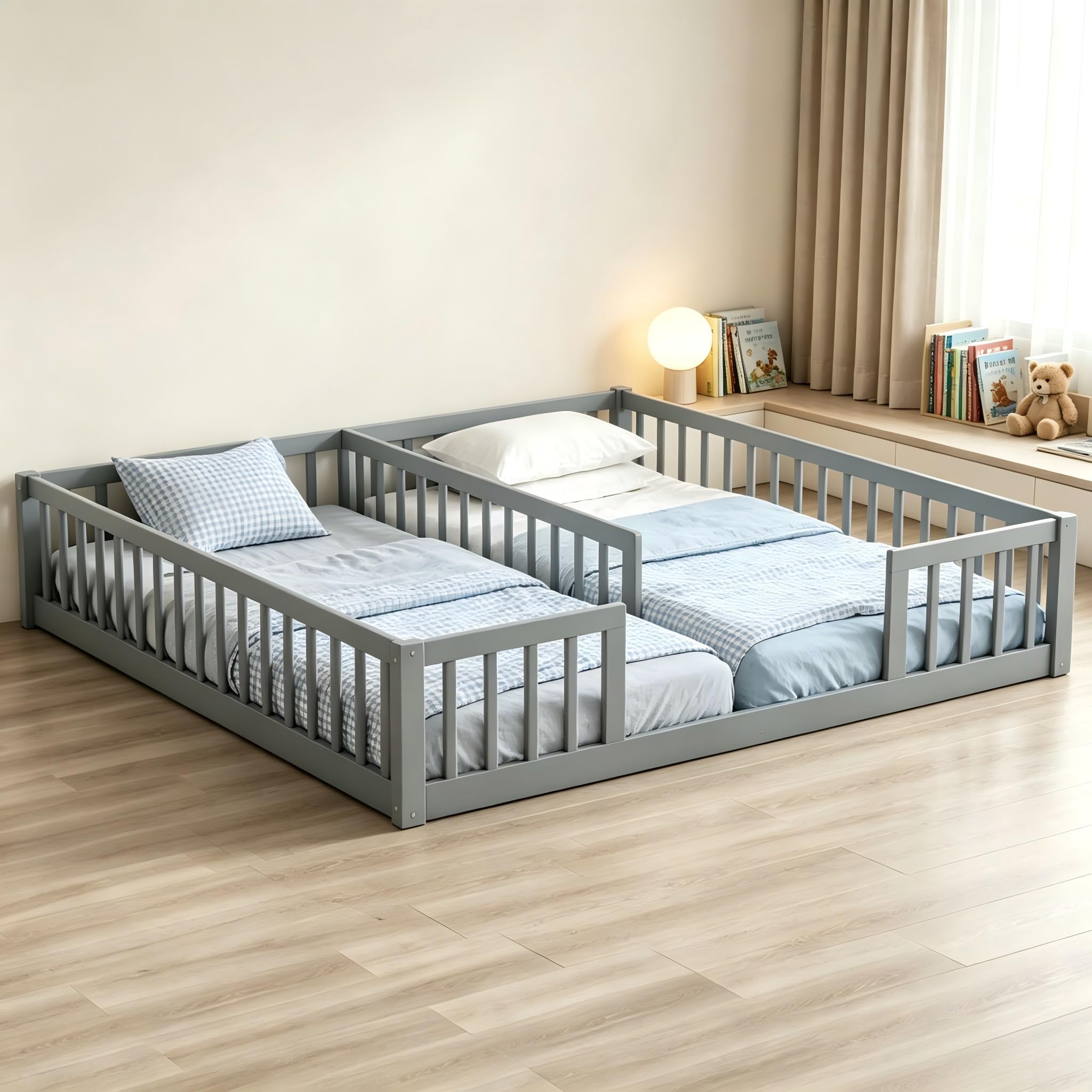 PVWIIK Twin Size Double Floor Bed with Fence for Kid,Grey