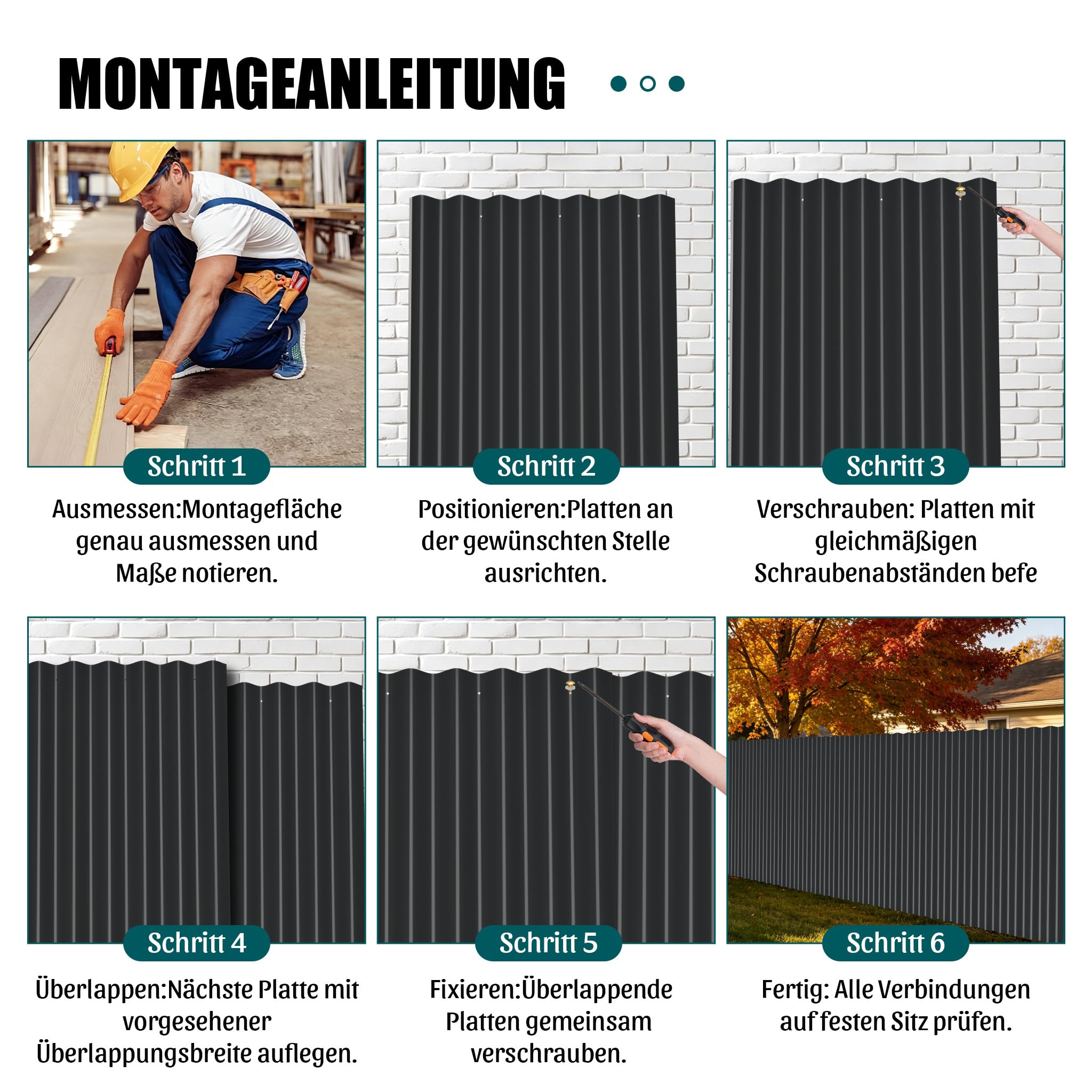 Thanaddo Wellplatten Metall Blech, 20er Set Wellplatte Dach Platten Stahlblechdachplatten mit Schrauben, wetterfest UV beständig Welldach, 52 x 108 cm - 20 Stk.（Schwarz)