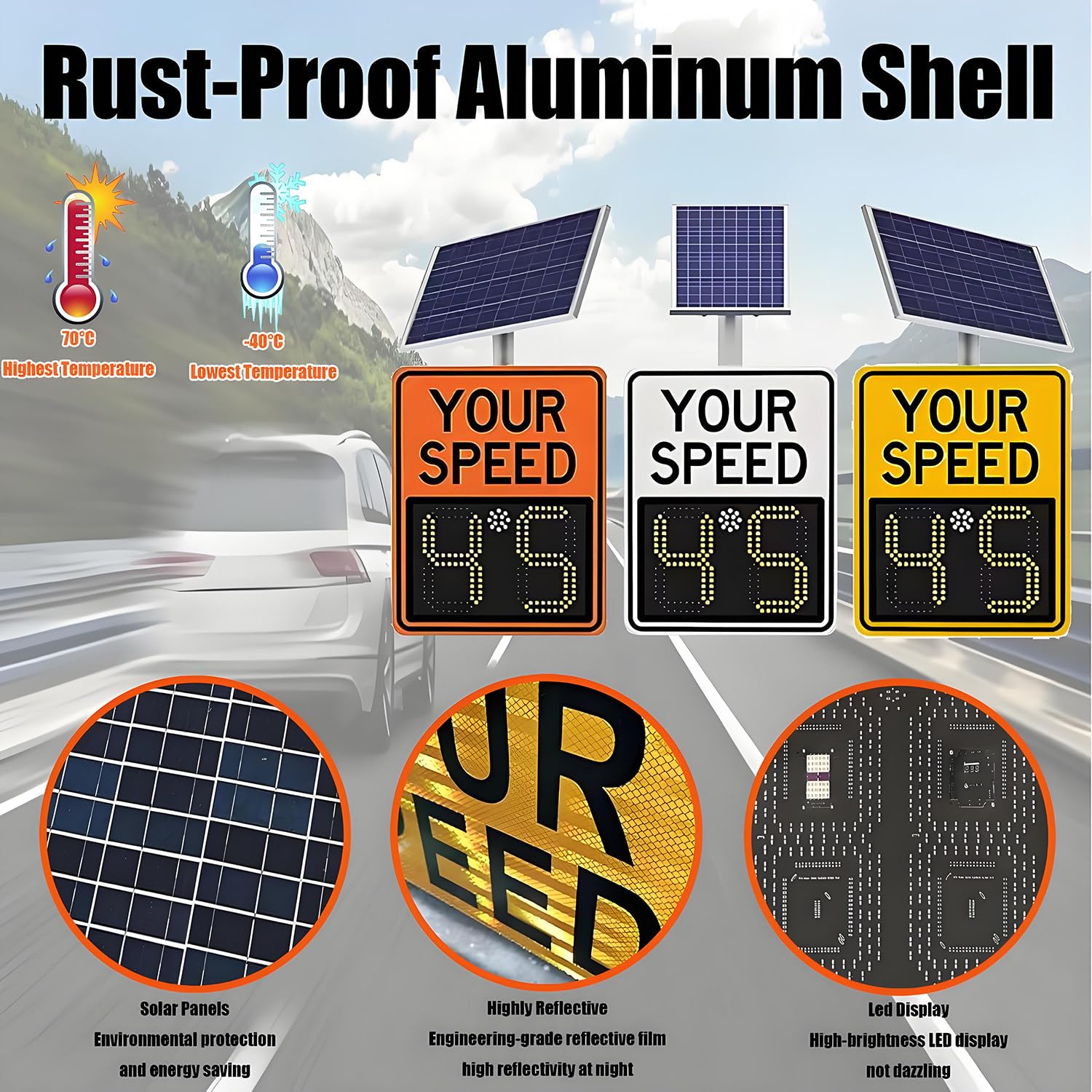 Señal de límite de velocidad con radar solar, pantalla LED, detector de radar solar, señales de tráfico de aluminio resistentes a la intemperie con kit de montaje y control remoto. Orange-50*70cm
