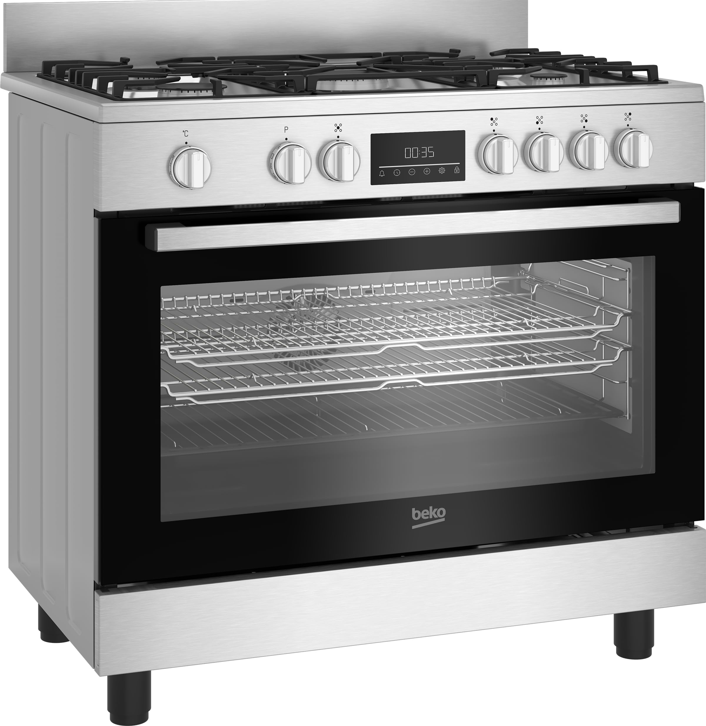 Beko Cucina a Gas 90x60 cm, BGM11226EX, Serie bPRO 500 Forno Multifunzione 111L, Piano Cottura 5 Fuochi con Tripla Corona, Griglie in Ghisa, Touch Control, Inox/Nero, Classe A+