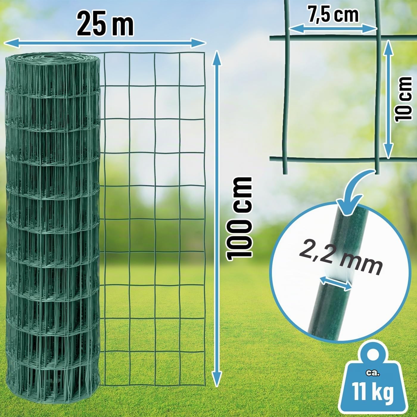 VOSS.garden 25m Gitterzaun 100cm Premium Maschendrahtzaun 100x75mm Gartenzaun Grün Wetterfest Punktgeschweißt
