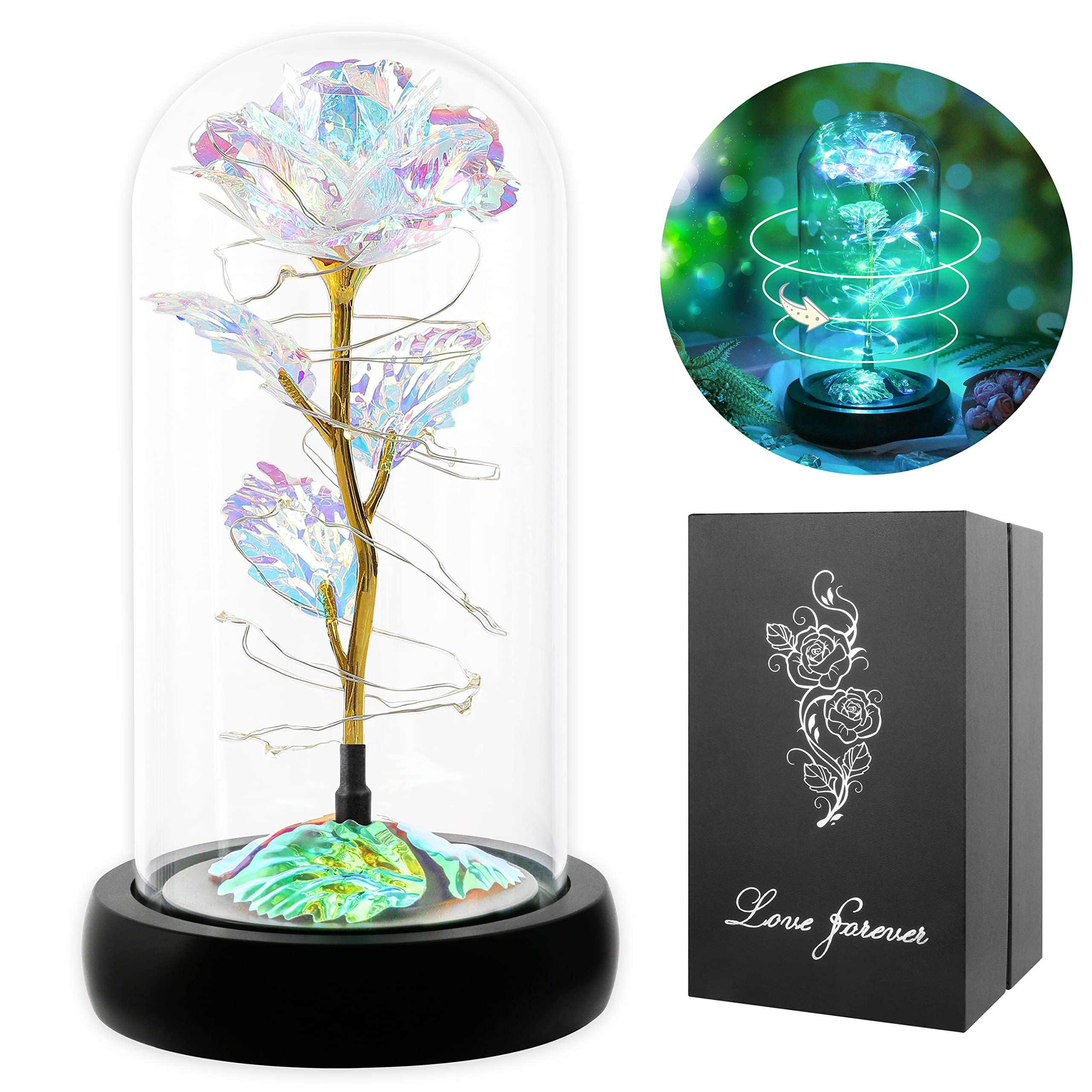 Childom Rotating Birthday Gifts for Women,Mothers Day Rose Gifts,Light Up Rose in Glass Dome,Spinning Rainbow Colorful Rose Flower Gifts for Mom From Daughter,Wife,Anniversary,Graduation Gift,Mom Gift