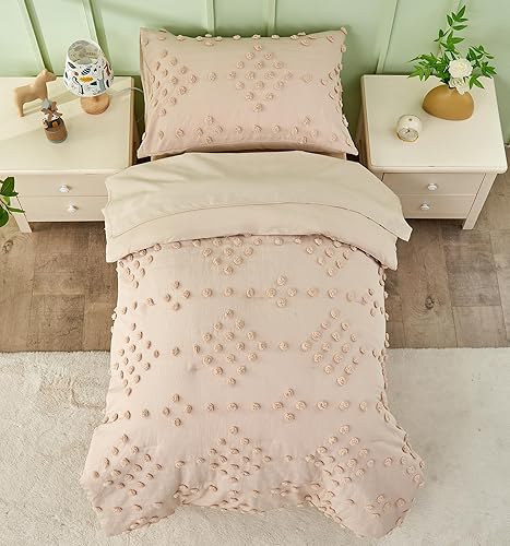 Miniatura 3 de Juego de ropa de cama bohemio de 4 piezas para niñas y niños, color beige, con pompones, juego de sábanas para cuna, juego de edredón de jacquard