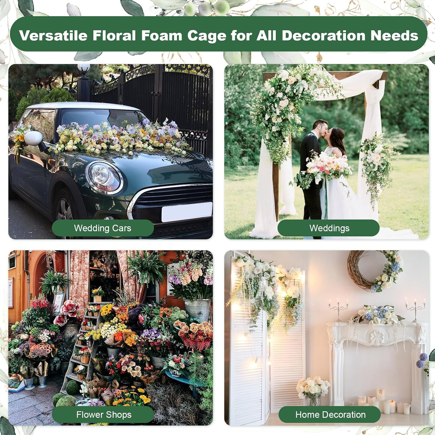 4 Pack Floral Foam Cages for Artificial & Fresh Flowers – Rectangle Holder with Cage for Wedding, Home Decor, Party – Includes 4 Rolls Floral Tape