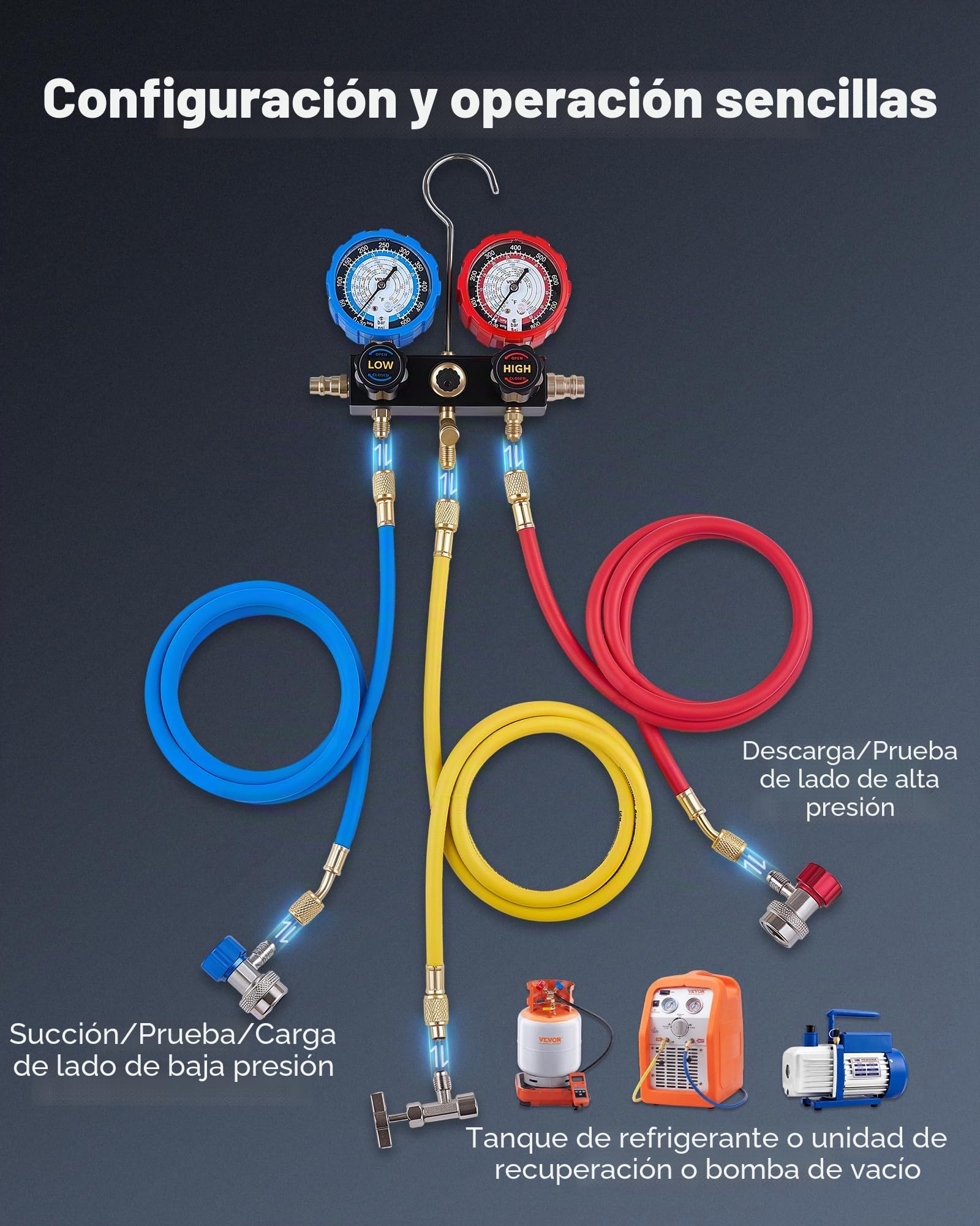 VEVOR Juego de Manómetros de 3 Vías para Carga de Refrigeración R134a R404A R1234yf R22, con Manguera de 1,5 m, Adaptadores, Acopladores Rápidos, Grifos para Mantenimiento de Aire Acondicionado