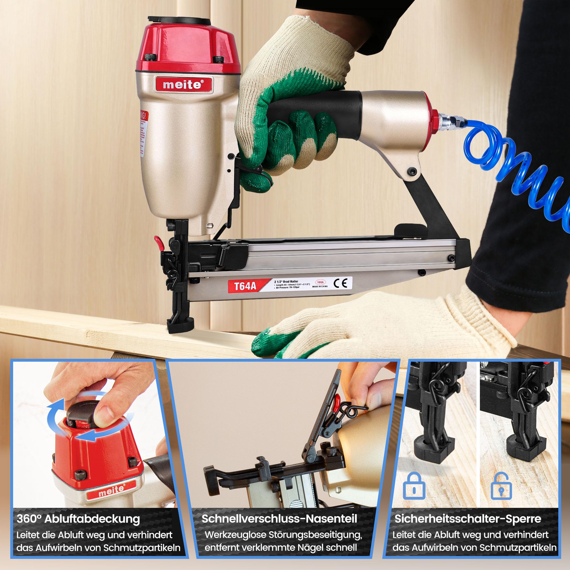meite T64A Nagelpistole 16GA mit 2500 Stk. 50 mm Stauchkopfnägeln, für 32–64 mm Nägel, mit Tiefeneinstellung, Schnellverschluss-Nase, Sicherheitsnase, 100er Magazin