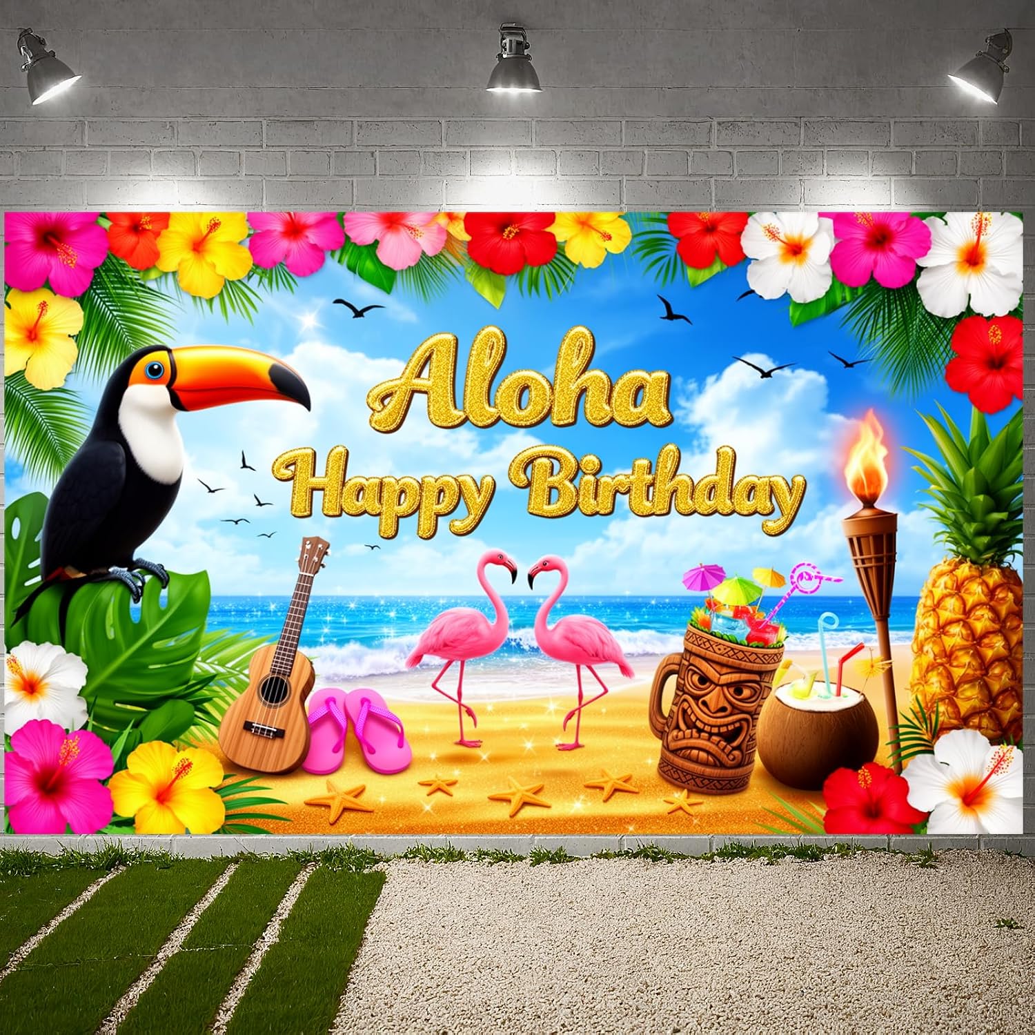 Happy Birthday Backdrop Banner Aloha Tropical Luau Party Decorations, Hawaiian Beach Birthday Party Supplies for Girls Boys Adults, Summer Flamingo Birthday Photo Booth Props Outdoor Indoor Decor