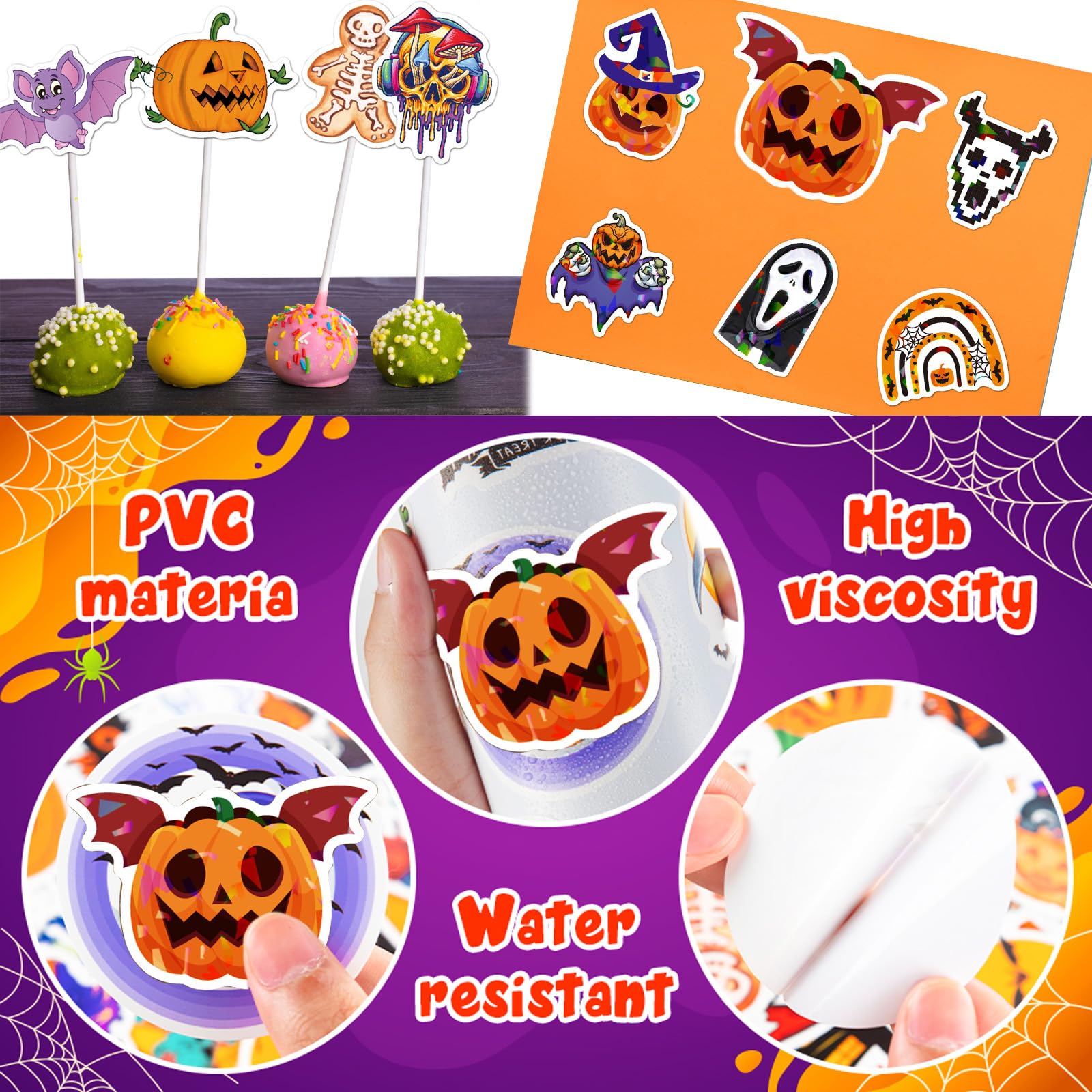 Eowppue 100 Pcs Holographic Laser Halloween Stickers Trendy Waterproof Decals for Luggage Party Decorations - Image 4