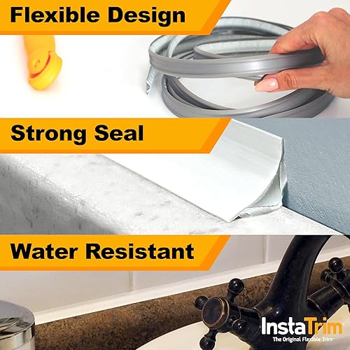 Miniatura 4 de Cinta adhesiva InstaTrim solución flexible, autoadhesiva, para calafateo y recorte, cubre espacios en paredes, techos, zócalos, suelos, encimera,