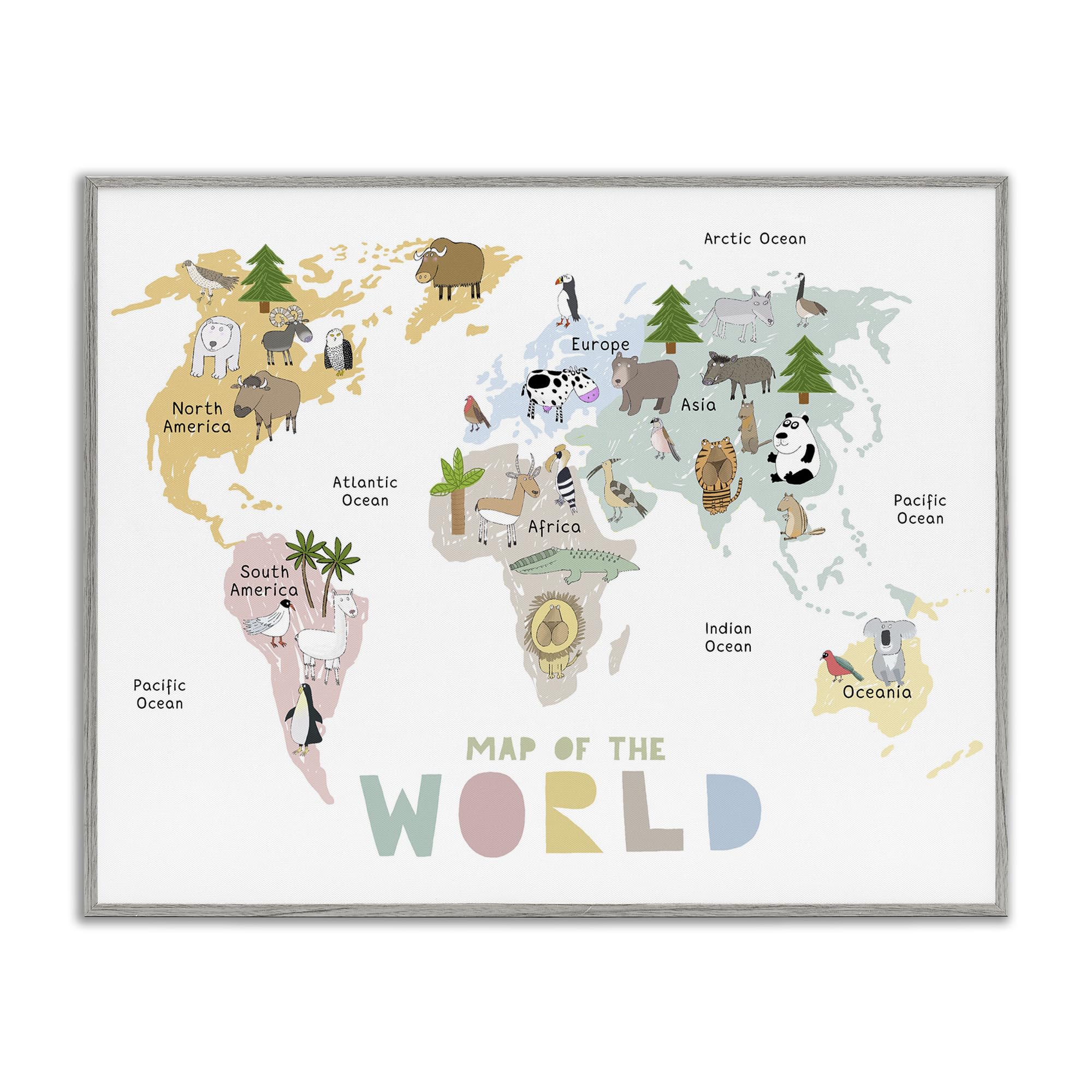 Carte du monde animaux giclée d'art signée Stupell Industries avec cadre