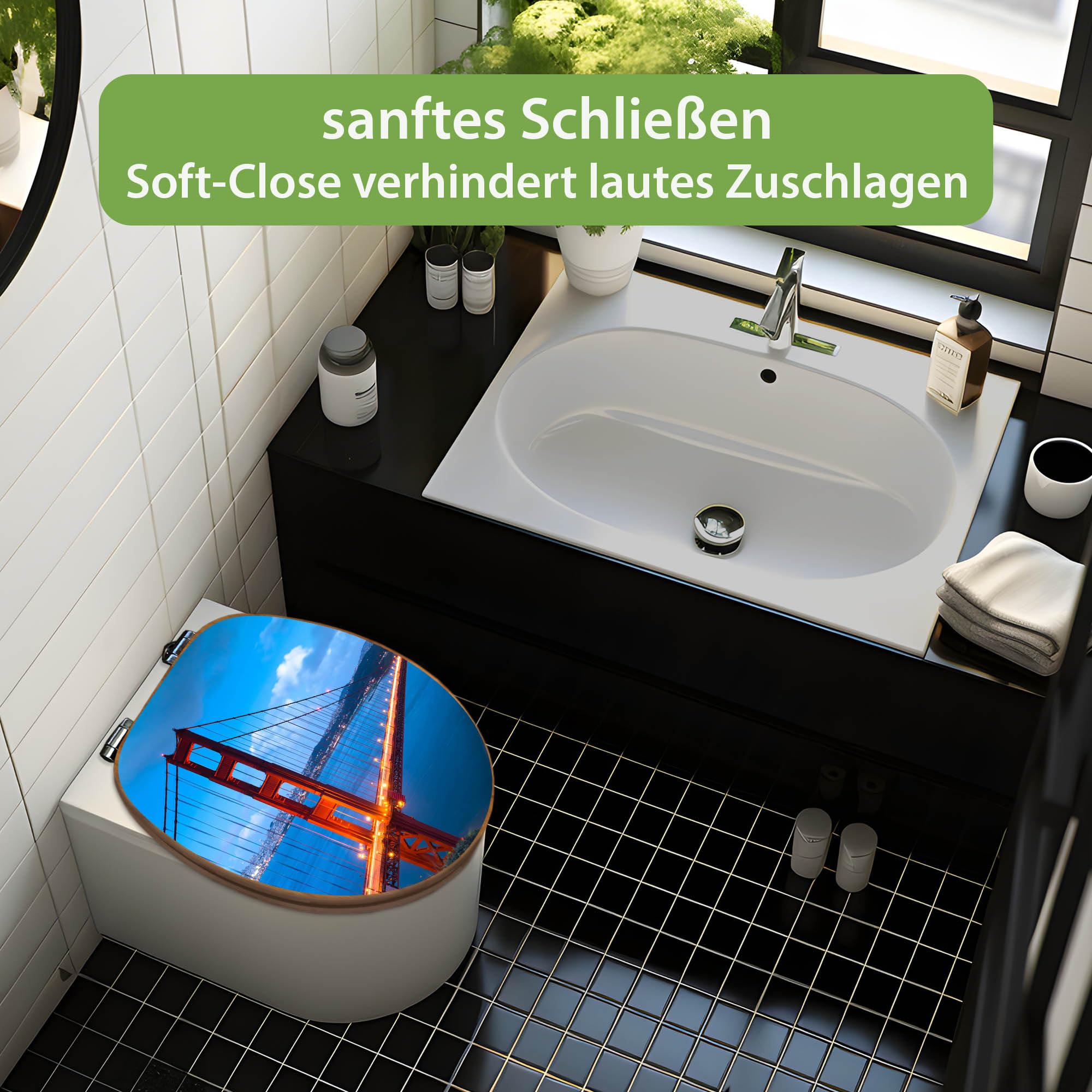 banjado Design WC Sitz Bambus Absenkautomatik 45,8x37,5cm - Toilettendeckel mit Absenkautomatik Holz - hochwertiger Bambus Klodeckel - WC-Sitz für gängigen Toiletten - Motiv Golden Gate Bridge