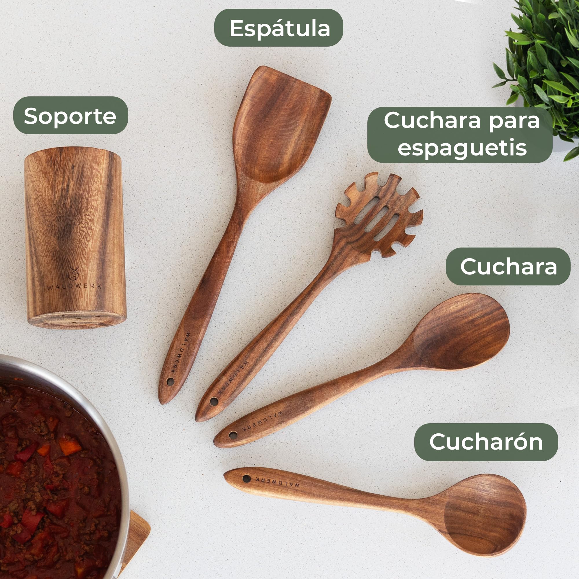 WALDWERK Utensilios de cocina madera teca – Set de 4 cucharas con espátula, cuchara de madera, cucharón para pasta y soporte – Accesorios cocina de madera – Utensilios cocina