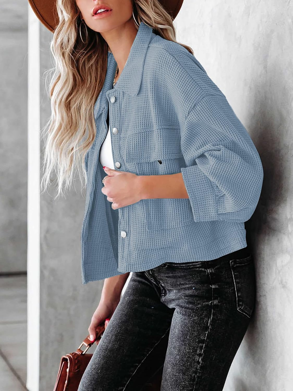 BZB Womens Waffle Knit Shacket Jackets Lightweight Cropped Shacket Long Sleeve Button Down Shirts - Image 5