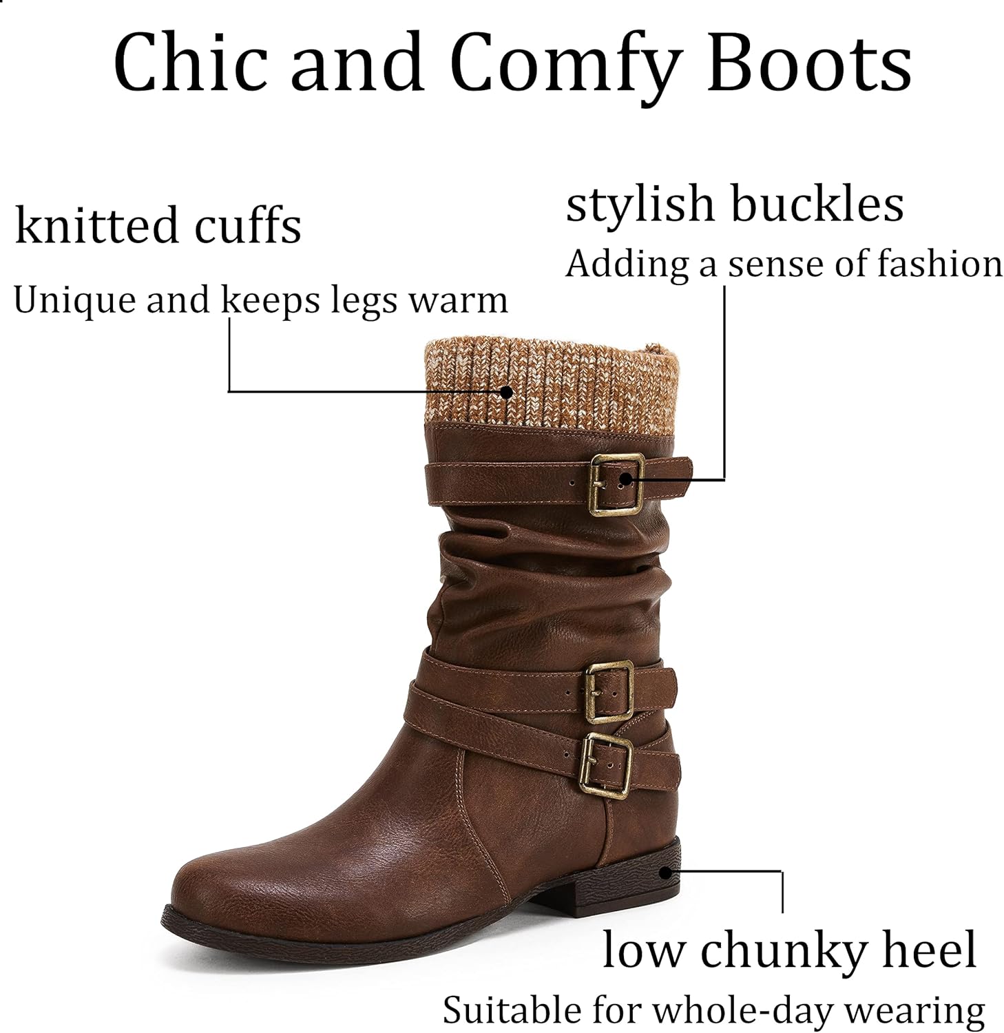  | Coutgo Cowboy Cowgirl Brown Boots for Women Knitted Cuffs Round Toe Buckle Low Chunky Heel Mid Calf Shoes | Shoes