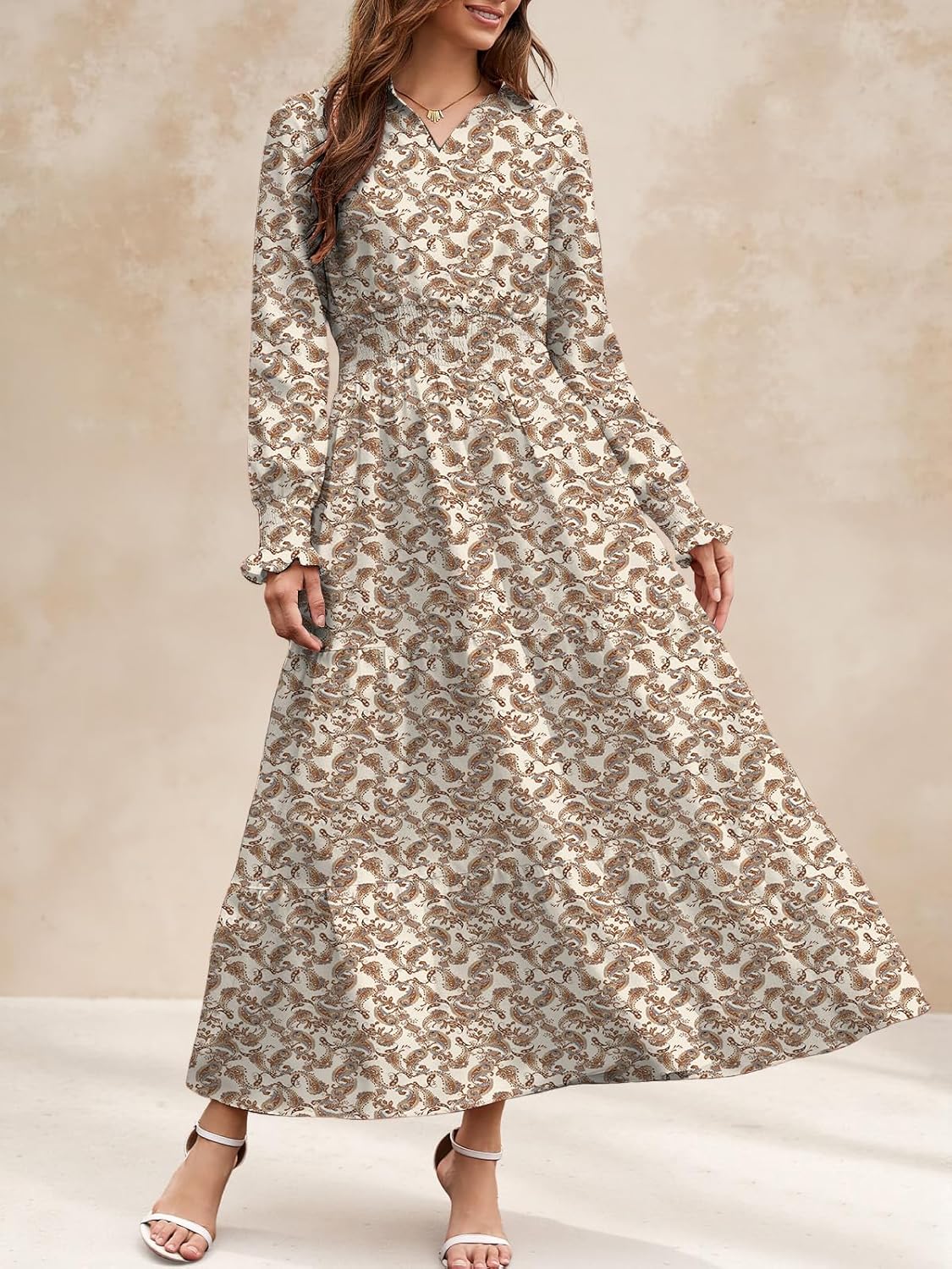 Women’s Long Sleeve Floral Maxi Dress with Smocked Waist V Neck Tiered Boho Dress Casual Loose Fit Elegant Dresses - Image 2