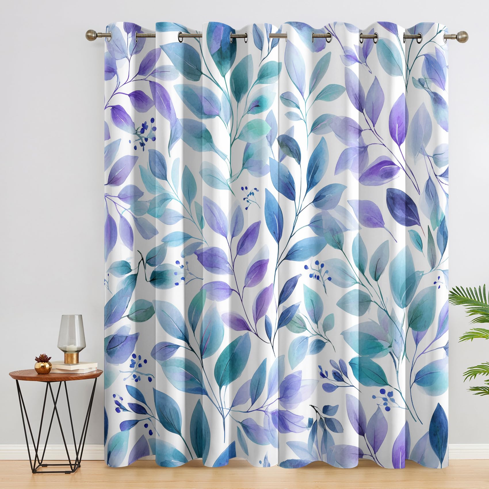 Blätter Vorhänge, Verdunklungsvorhänge mit Muster Blätter, Vorhang Blickdicht mit Ösen, Gardinen für Wohnzimmer Schlafzimmer Deko 2er Set - 137x117 (H X B) F&V58