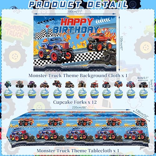 Miniatura 3 de KEFAN Suministros para fiesta de cumpleaños de Monster Truck, juego de decoraciones de fiesta de camión monstruo que incluye telón de fondo, platos,