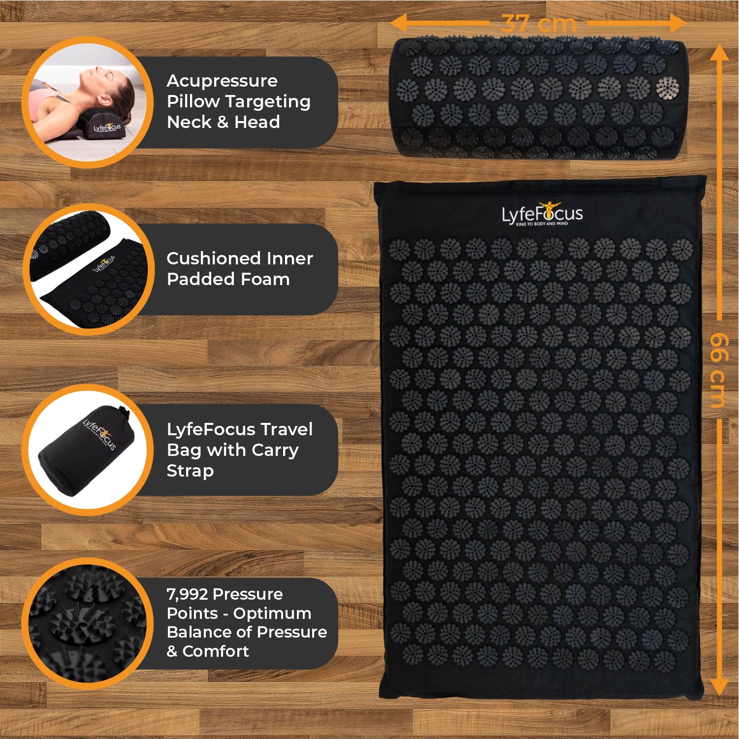 LyfeFocus Juego de alfombrilla de acupresión y almohada con bolsa de viaje, alfombrilla de masaje de acupuntura acolchada para aliviar el dolor de espalda, cuello y hombros, alivia la tensión muscular