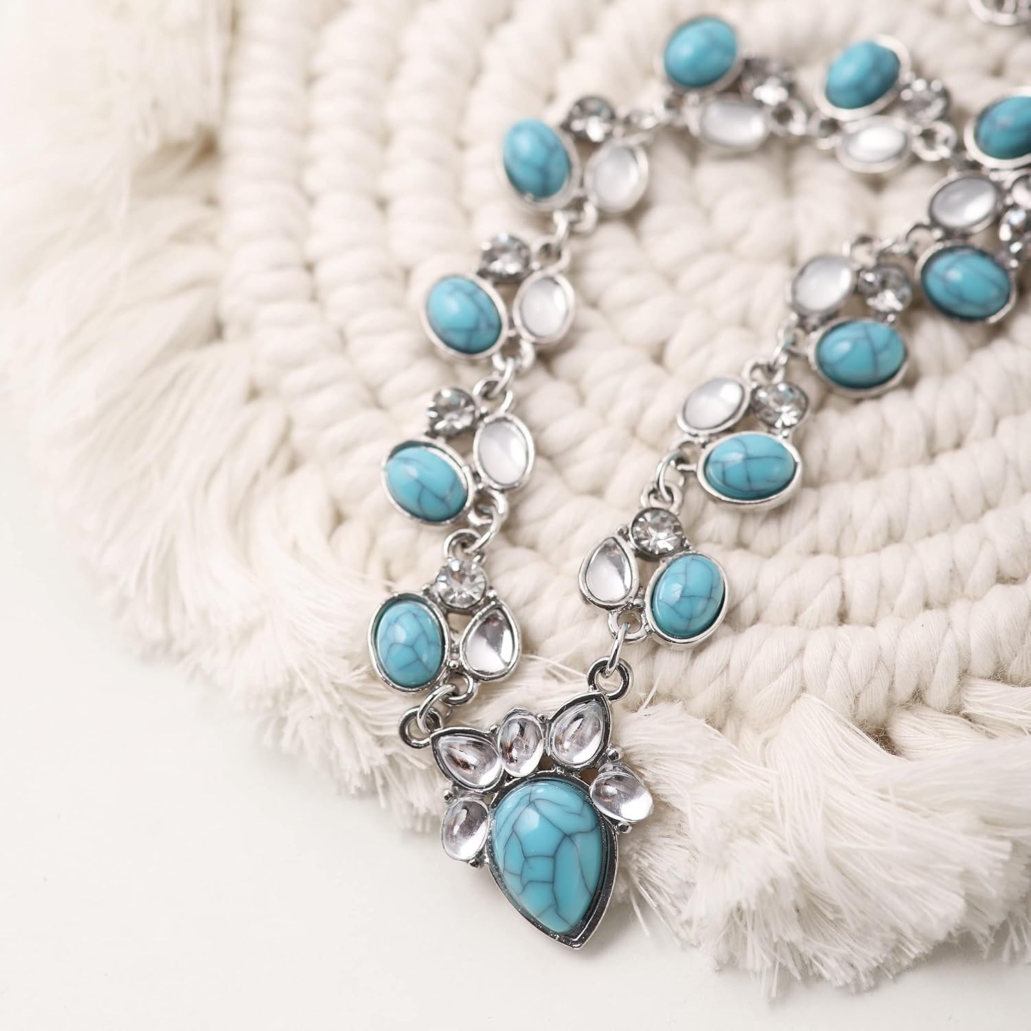 MINACHI Bohemian Beaded Necklace, Crystal Created Turquoise Flower Stone Bead Choker, Boho Vintage Jewelry Gift for Women - Image 4