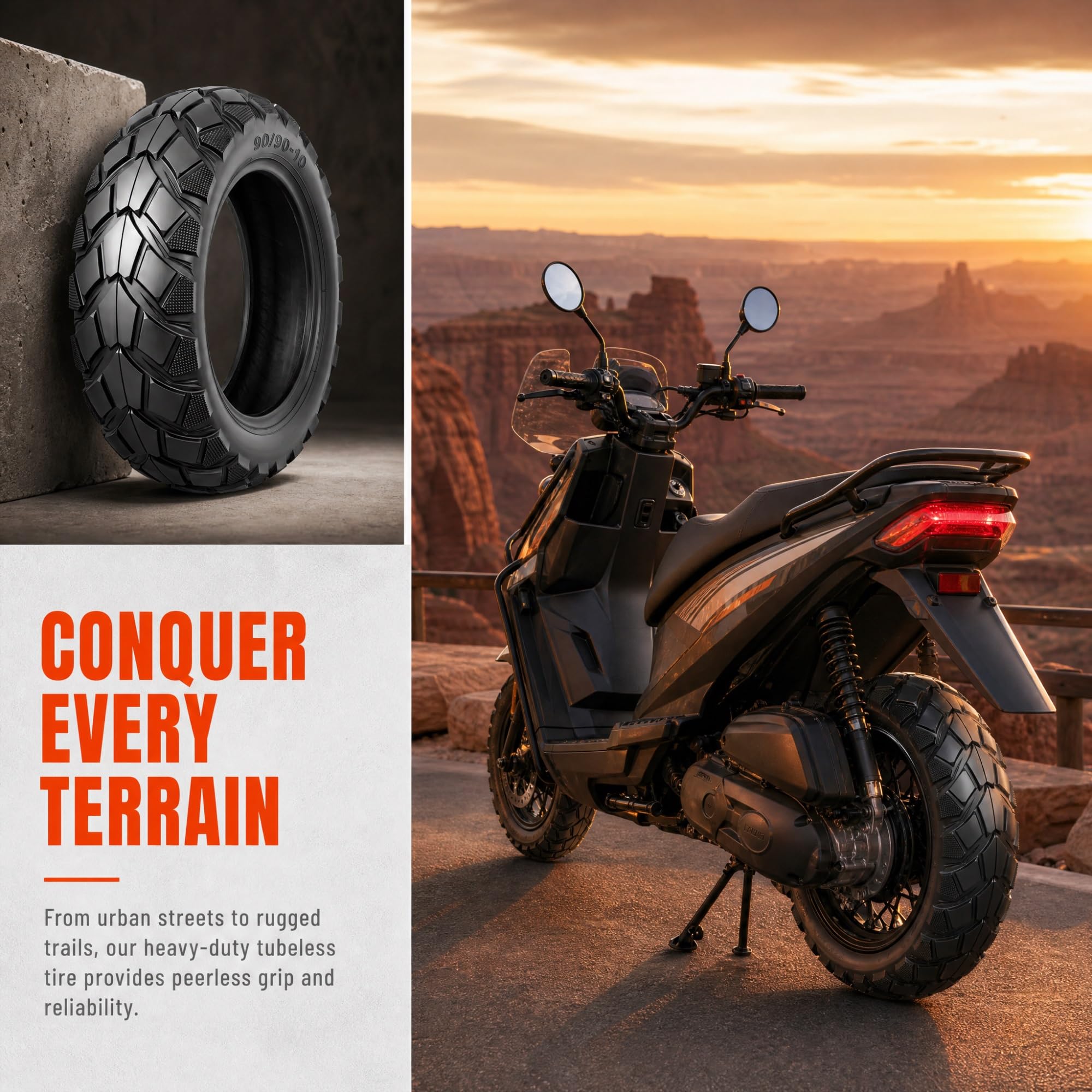 90/90-10 Neumático Tubeless, Cubierta de Repuesto Delantera y Trasera para Scooter, Llanta de Moto 10 Pulgadas 57J de Alta Resistencia, Banda de Rodadura Antideslizante