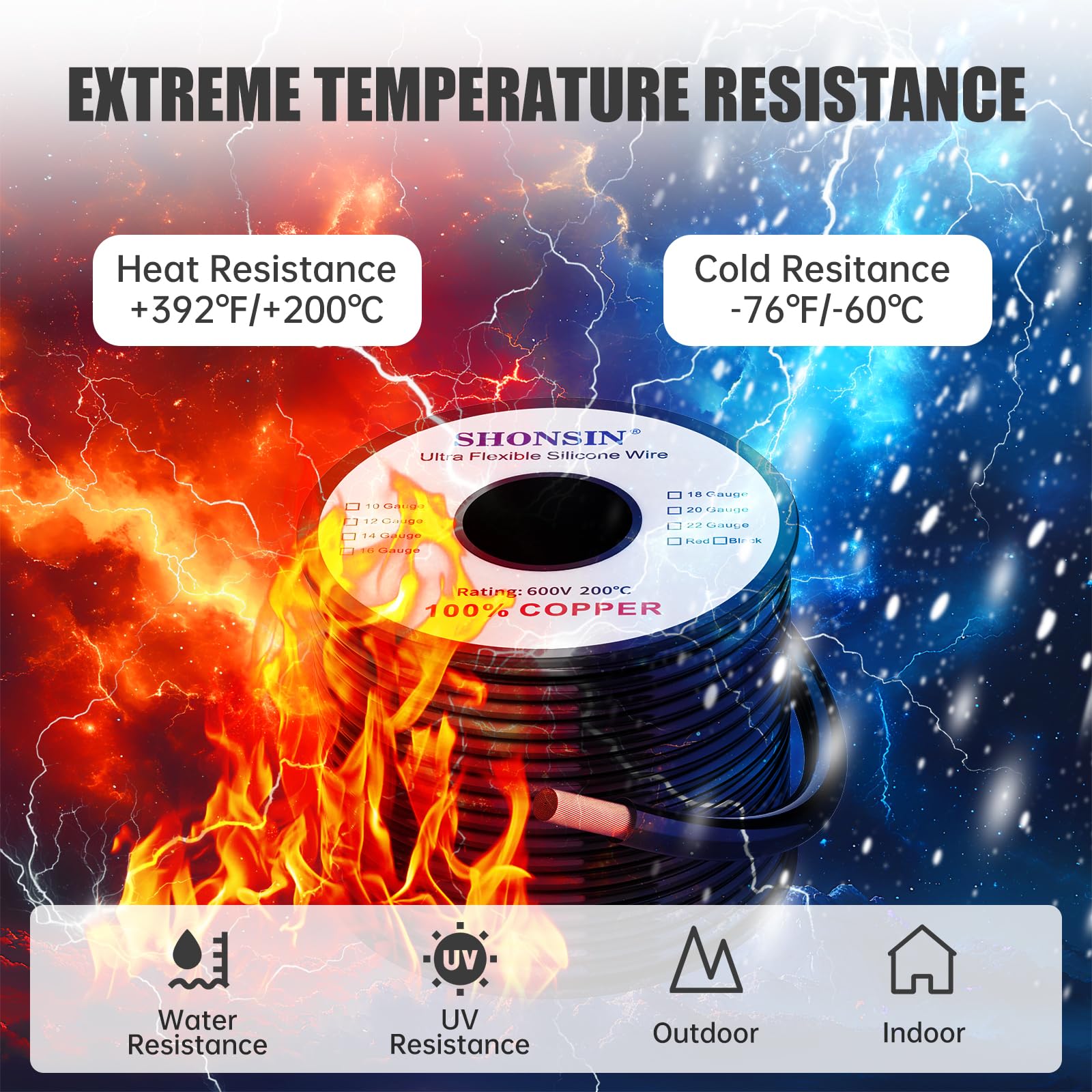 Alambre de calibre 18 100 % cobre y silicona, 100 pies negro + 300 pies rojo, cable eléctrico trenzado flexible de 18 AWG para automoción, batería, UAV, motor, energía solar | nominal 600 V 200 ℃