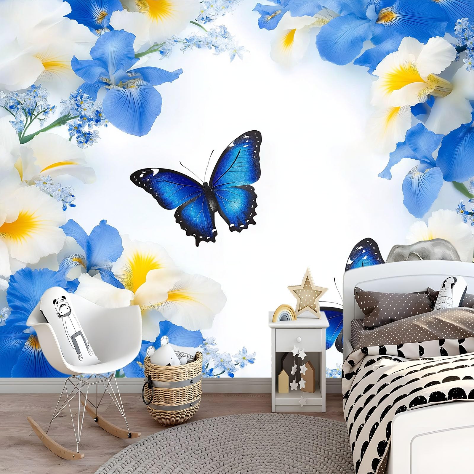 Fototapeta z niebieskimi motylami, kwiatami, efekt 3D, fototapeta, motyw tapety, tapeta z włókniny, nowoczesna tapeta ścienna, dekoracja do sypialni, salonu, 300 x 210 cm