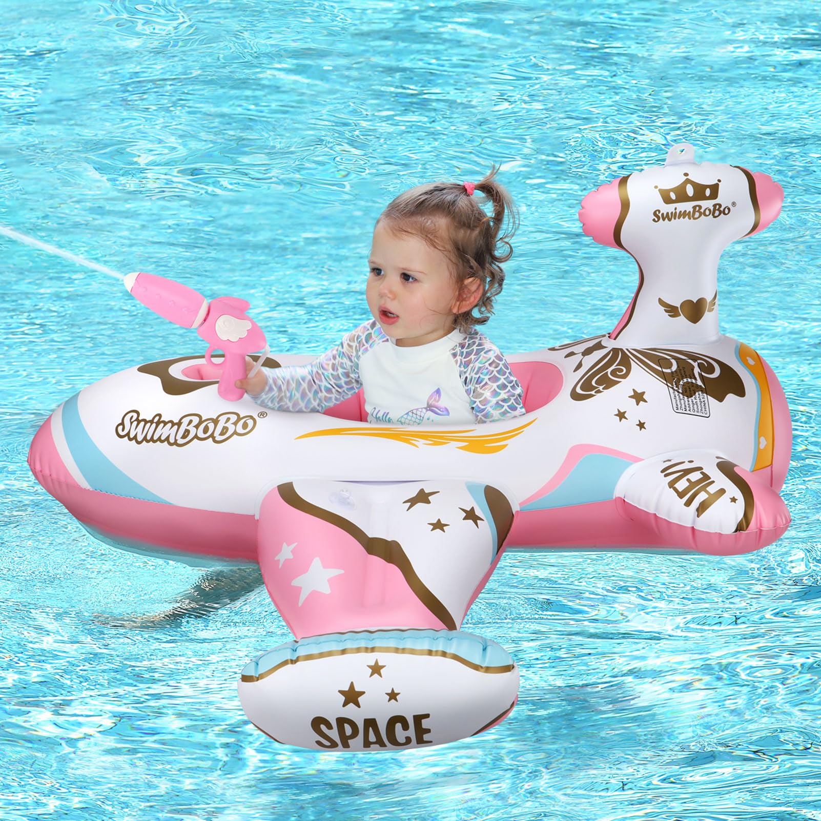 Swimbobo Toddler Pool Float with Seat Boat Inflatable Ride-on Airplane Pirates Sharks Car for Kids Outdoor Toys