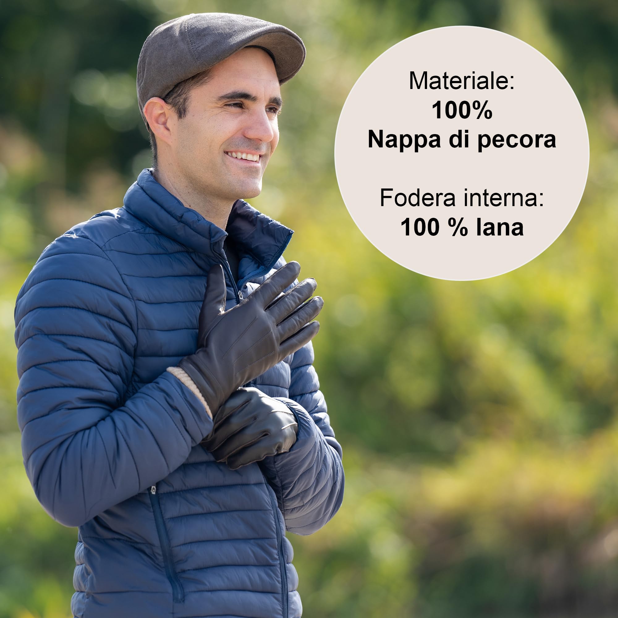 Guanti in pelle da uomo - Fodera interna in 100% lana - Guanto con funzione touch smartphone - Elegante guanto invernale - 100% nappa di pecora