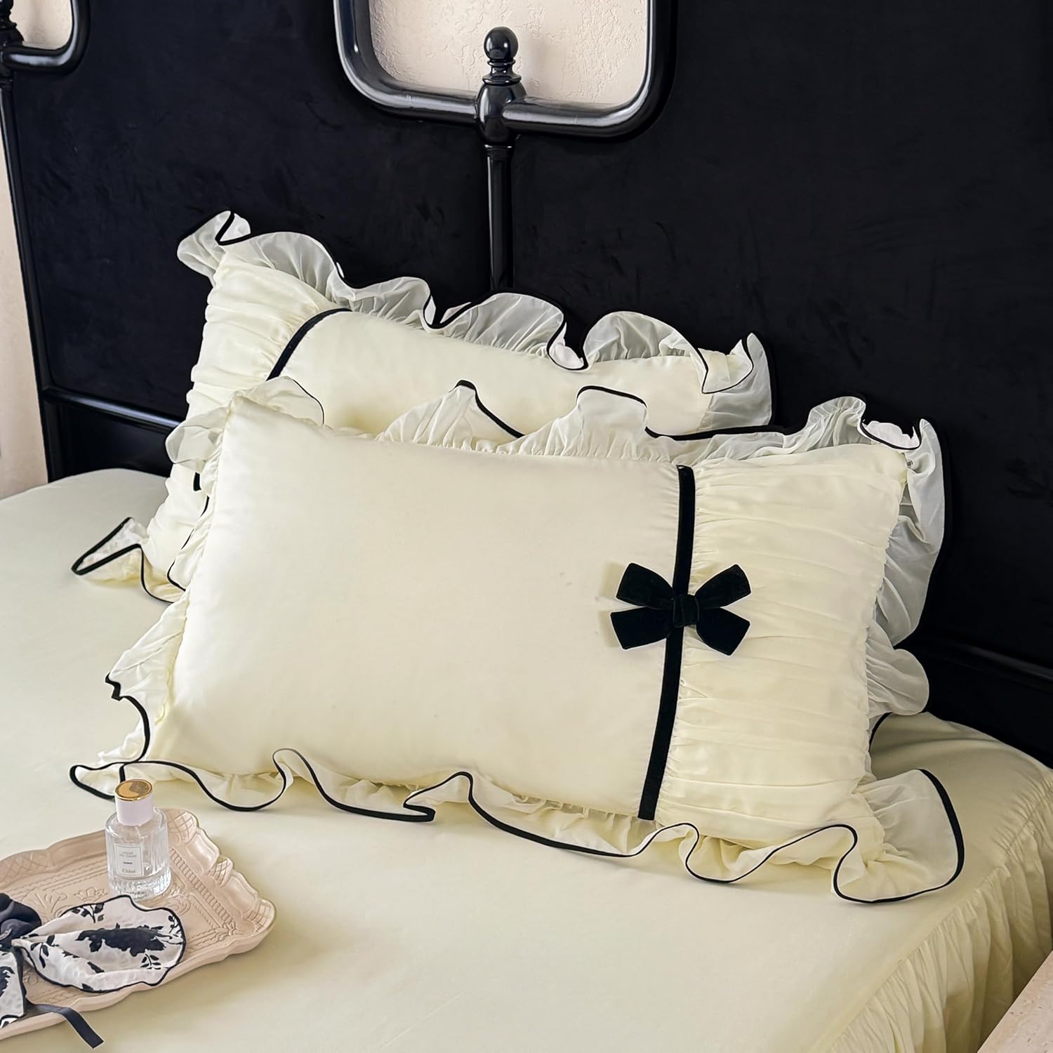 Ruffle Beddding Set with Bowtie,Girls Lace Bedding,Full Comforter Cover Set, Chic Ruffled Duvet Cover with Lovely Bow,Princess Style 1 Duvet Cover with 2 Pillowcases, No Comforter