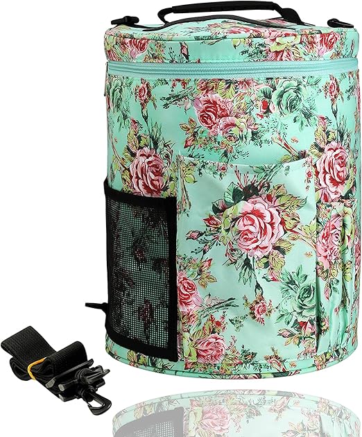 LOOEN Large Capacity/Portable/Lightweight Yarn Storage Knitting Tote Organizer Bag with Shoulder Strap Handles W/Pockets for Crochet Hooks & Knitting Needles (Peony Flower)