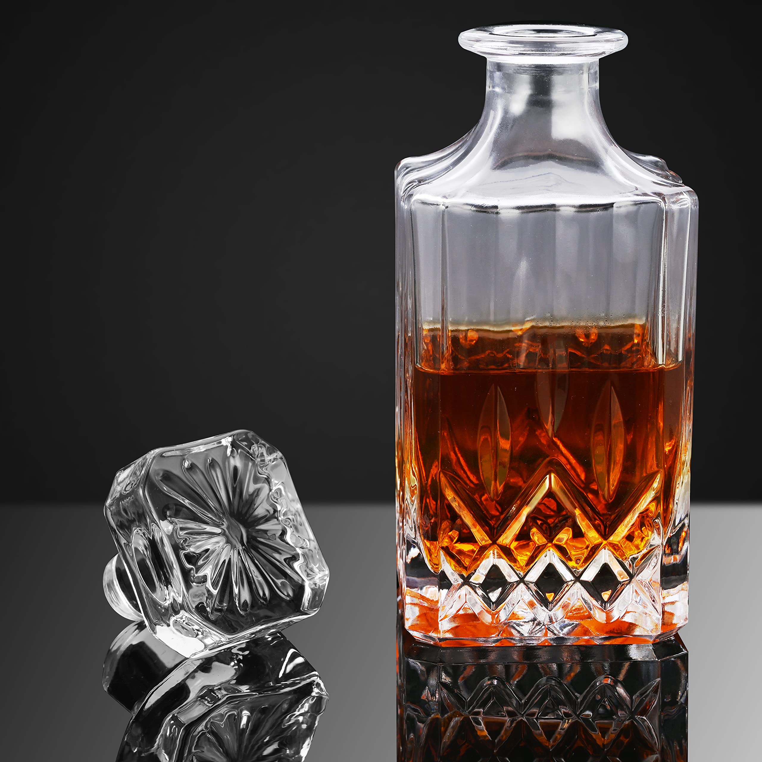 Cieex Juego de jarra de whisky, decantador de 750 ml con 4 vasos de whisky de 220 ml, 12 piedras, caja de regalo, regalo para el día del padre para hombres, transparente