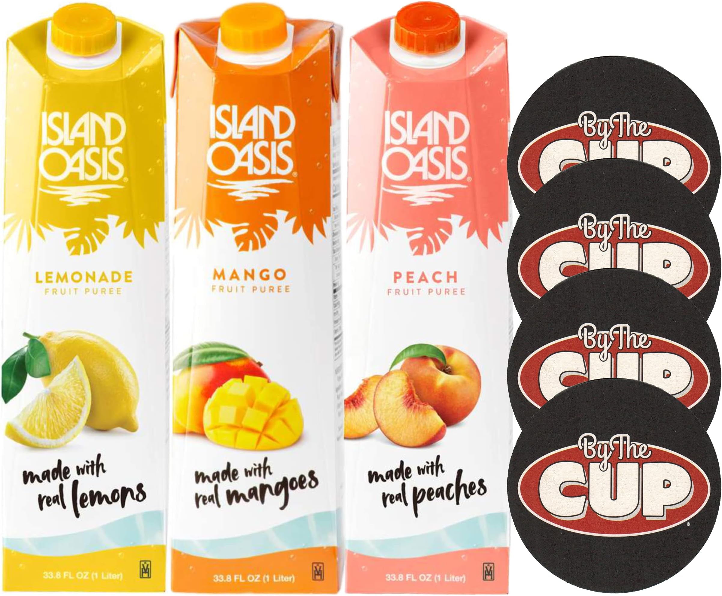 Island Oasis Mango, Peach, and Lemonade Fruit Puree, 1 Liter of each, with By The Cup Coasters