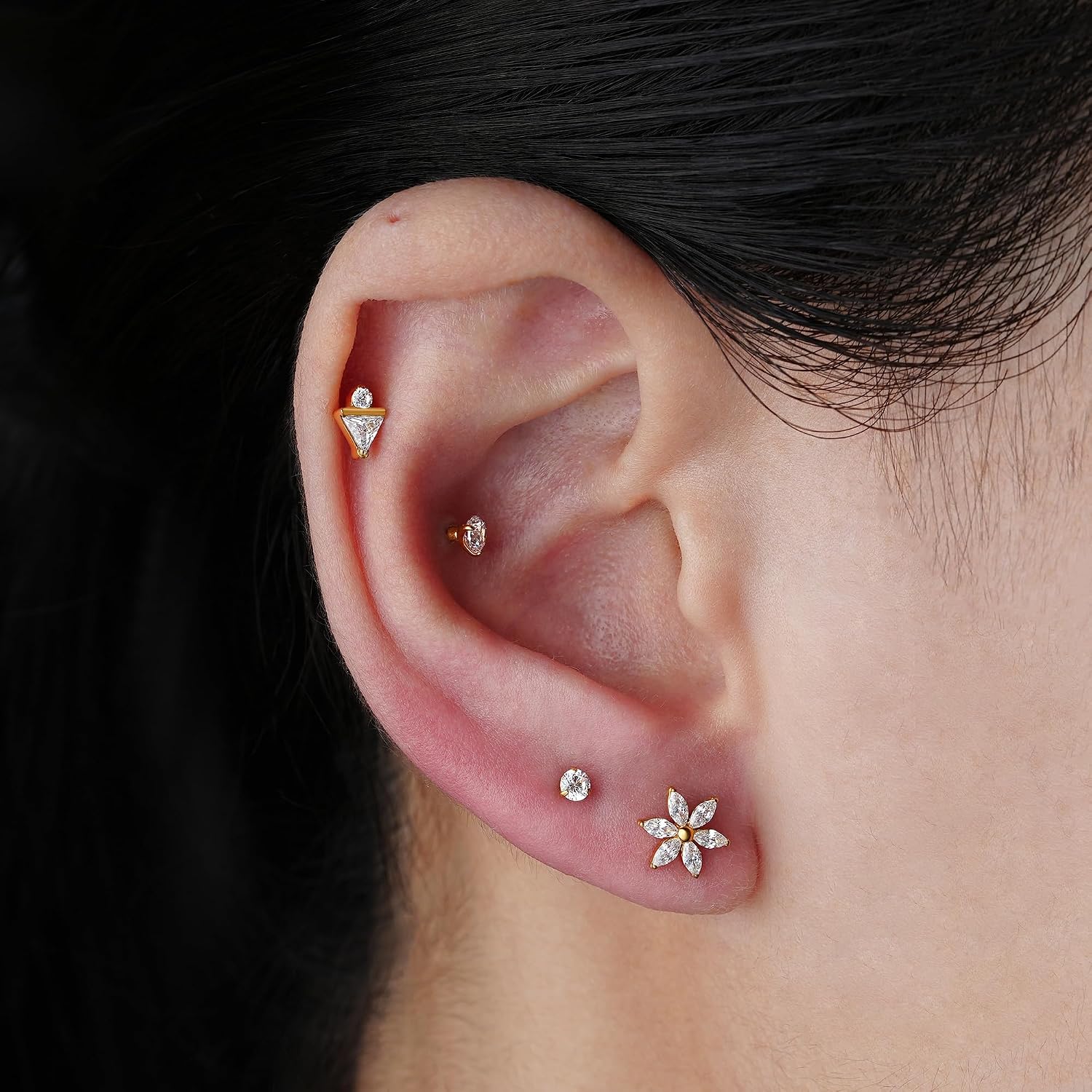 FINE4U ASTM F136 Titanium Flower Conch Helix Tragus Flat Piercing Jewelry with 16G 6mm 8mm Post