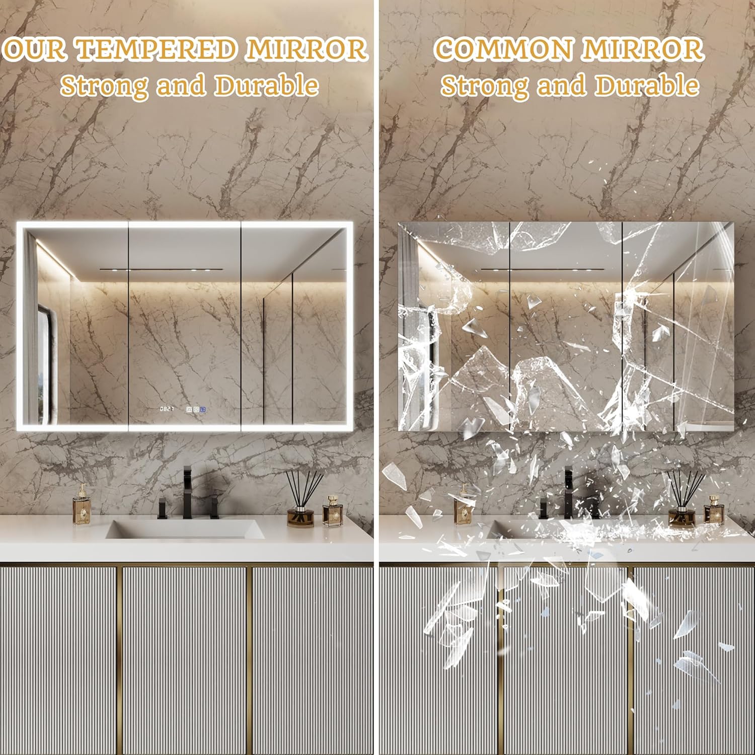 48x30 Inch Lighted Medicine Cabinet, Recessed or Surface LED Medicine Cabinet with Clock & Temperature Display, Anti-Fog, 3-Color Dimmable LED, Door Wide Open