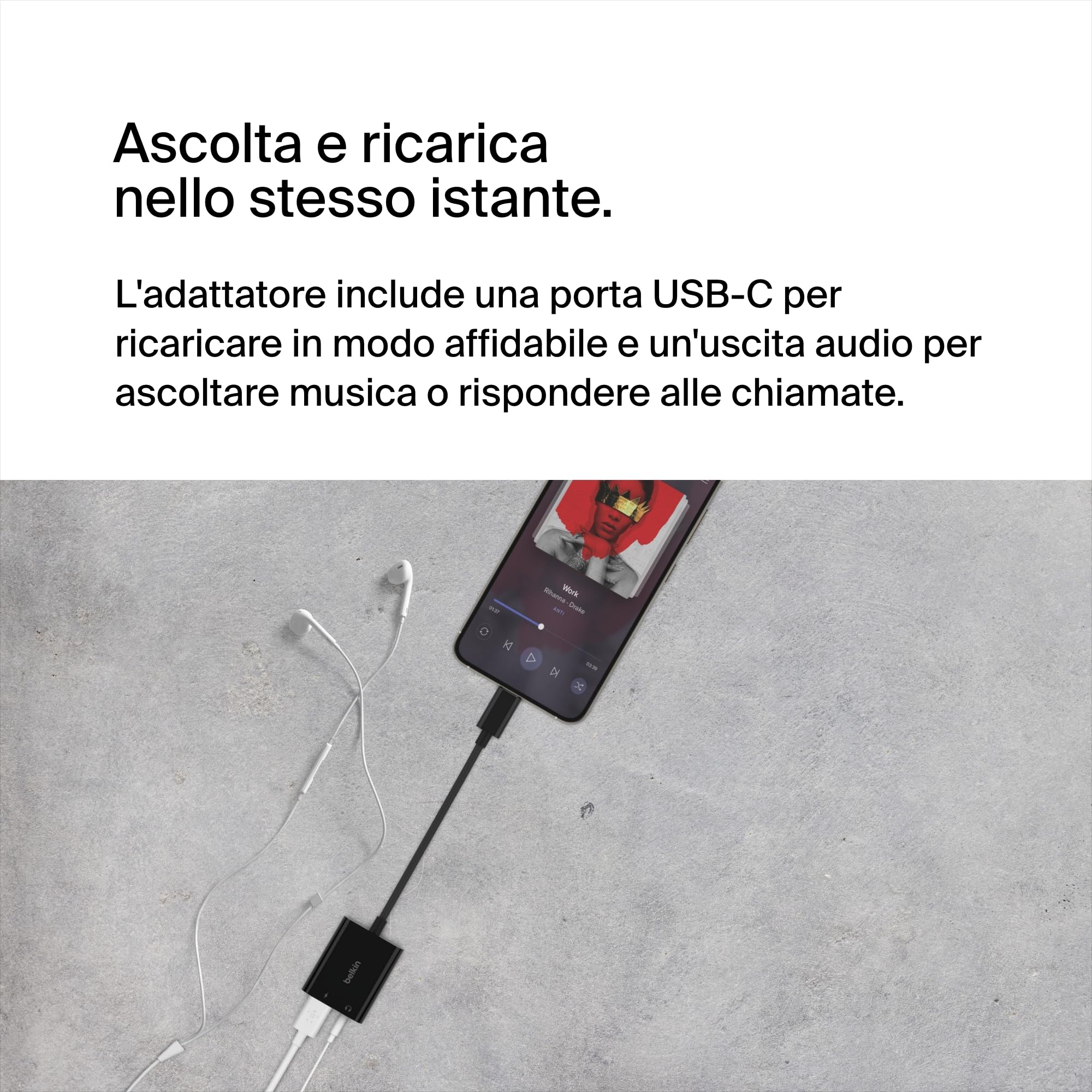 Belkin RockStar Adattatore Audio da 3.5 mm + Ricarica USB-C, Convertitore Audio USB-C Compatibile con iPad Pro 12.9'', 11, Galaxy, Pixel, OnePlus e Altri