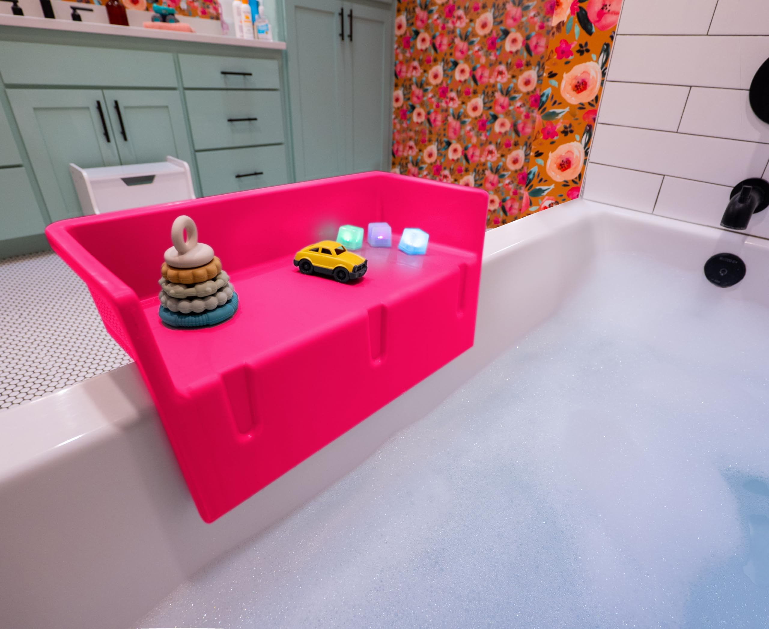 Tub Topper Mini Bathtub Splash Guard &amp; Bath Shelf for Kids - Toy Tray, Pink