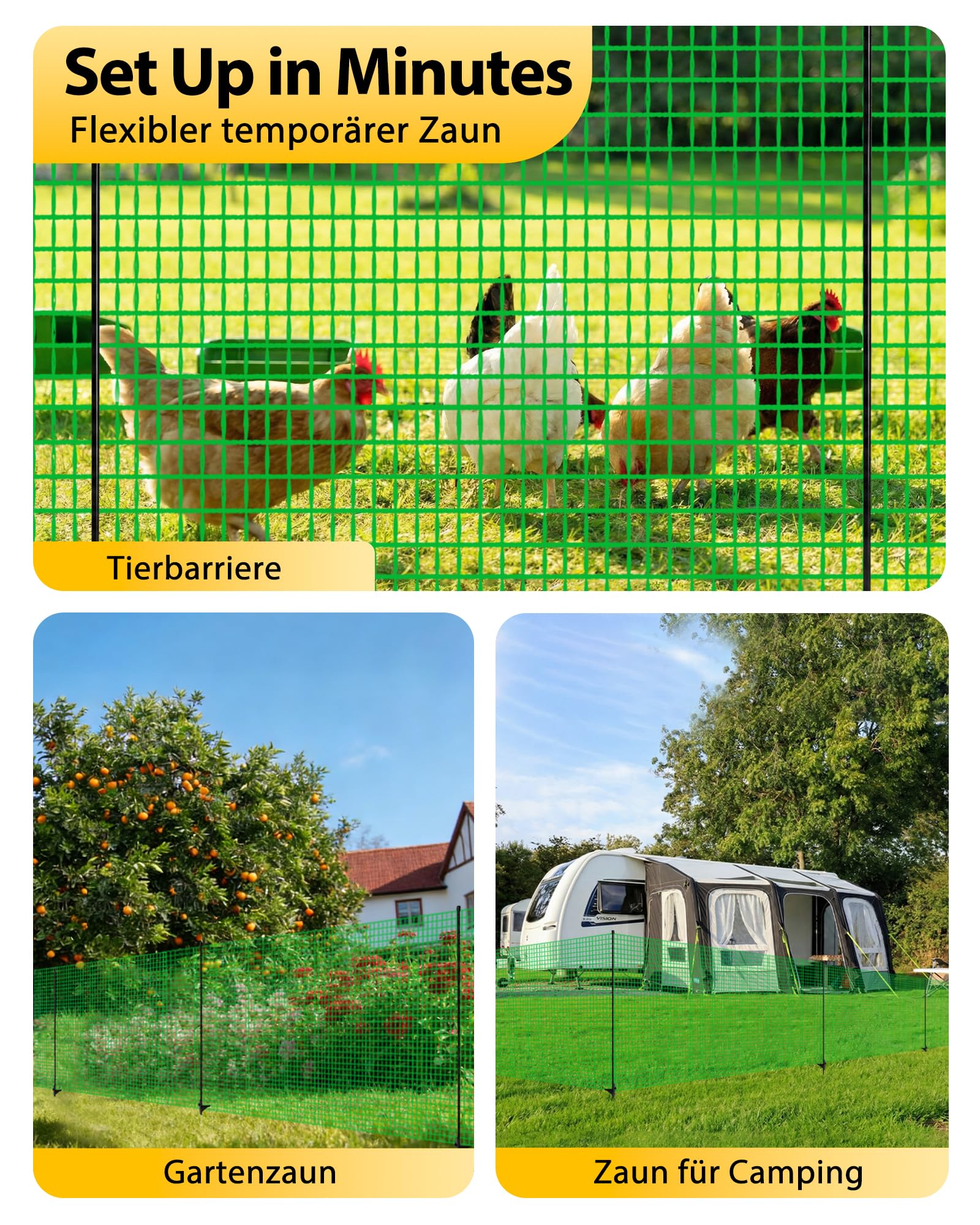 Mobiler Begrenzungszaun ohne Strom, 90 cm hoch, 25 m Gartennetz mit 15 integrierten Pfählen – feinmaschiger Steckzaun für Garten & Camping, geeignet für Hunde & Beetschutz, Komplettset