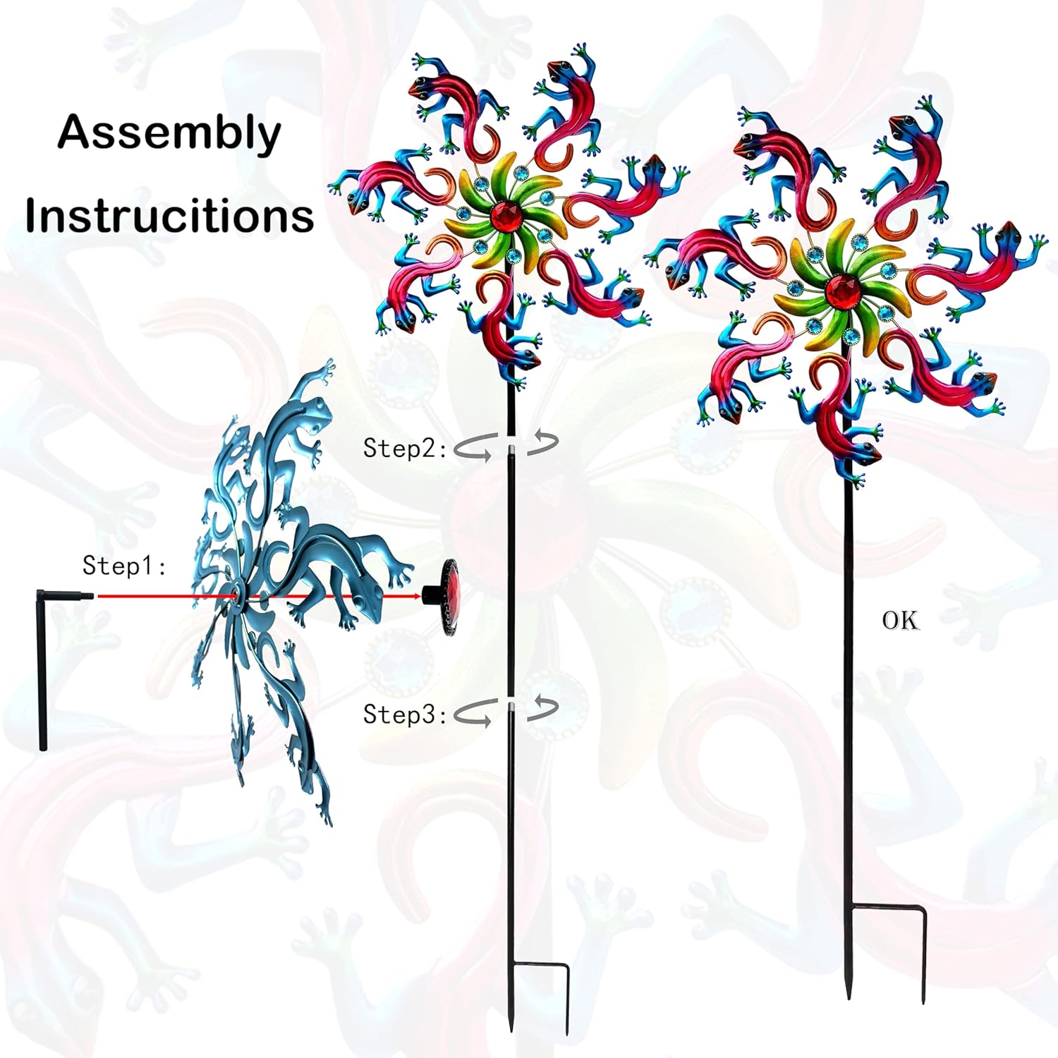 58" Lizard Wind Spinner with Metal Garden Stake, Larger Wind Sculptures for Yard and Garden Lawn Patio Decor(Purple-red)