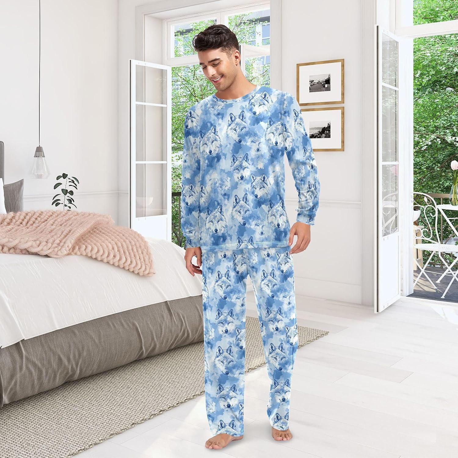 Matching Pajamas for Couples Aesthetic Wolf Blue Sky Long Sleeve PJs for Men & Women Soft Warm Long Sleeve image 3