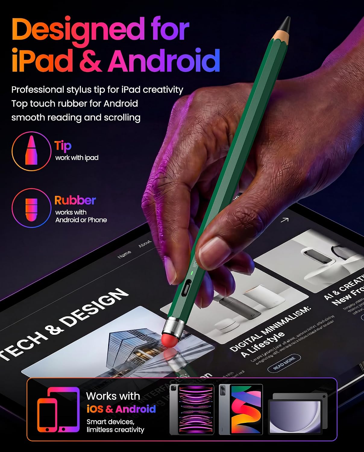 Stylus Pen for iPad 2018-2026, Pencil-Style with Fine Tip & Rubber Tip