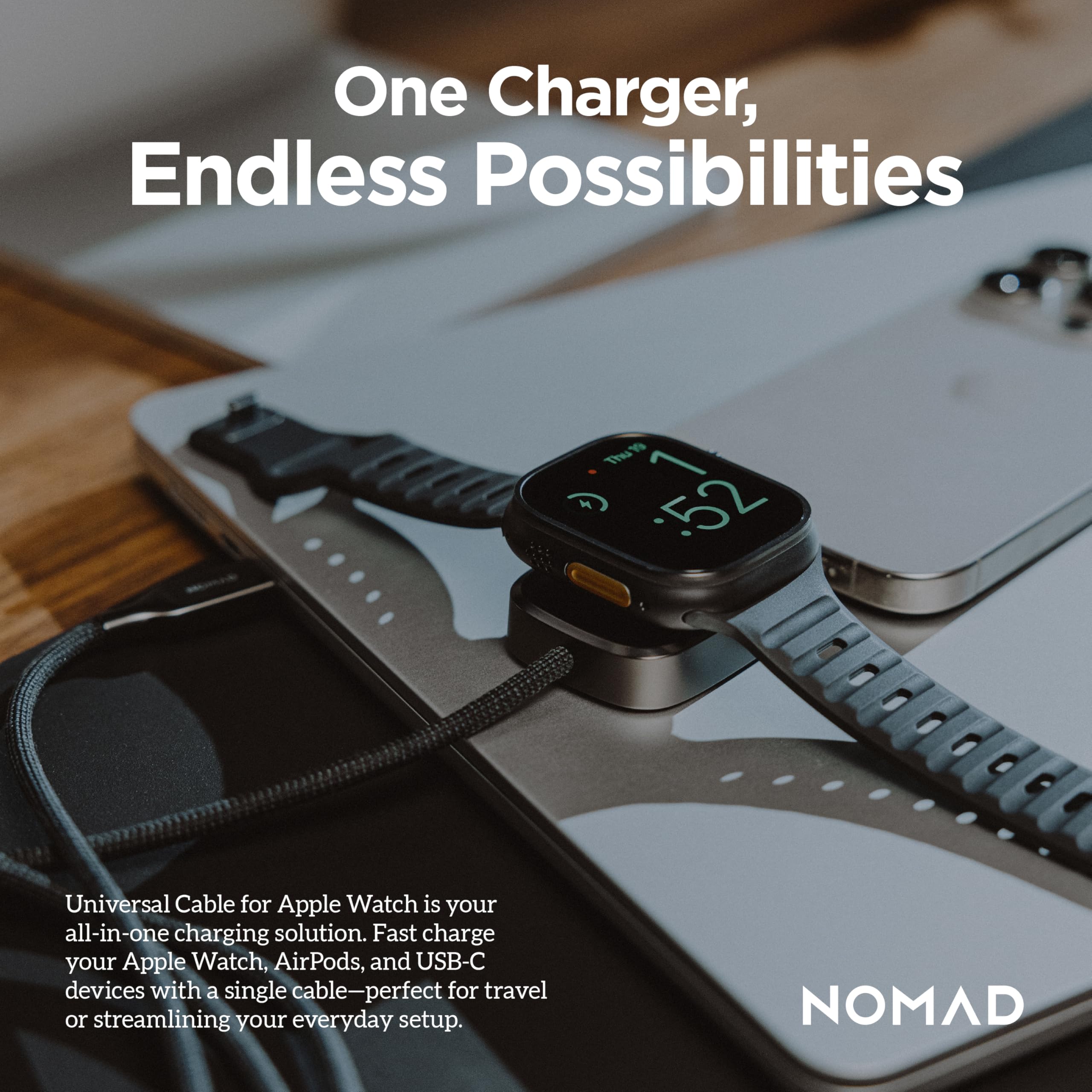 NOMAD Cavo di ricarica USB C per Apple Watch, 1,5 m, in carburo 2 in 1, cavo di ricarica USB C da 100 W per Apple Watch, AirPods e iPhone, cavi di ricarica universali di tipo C