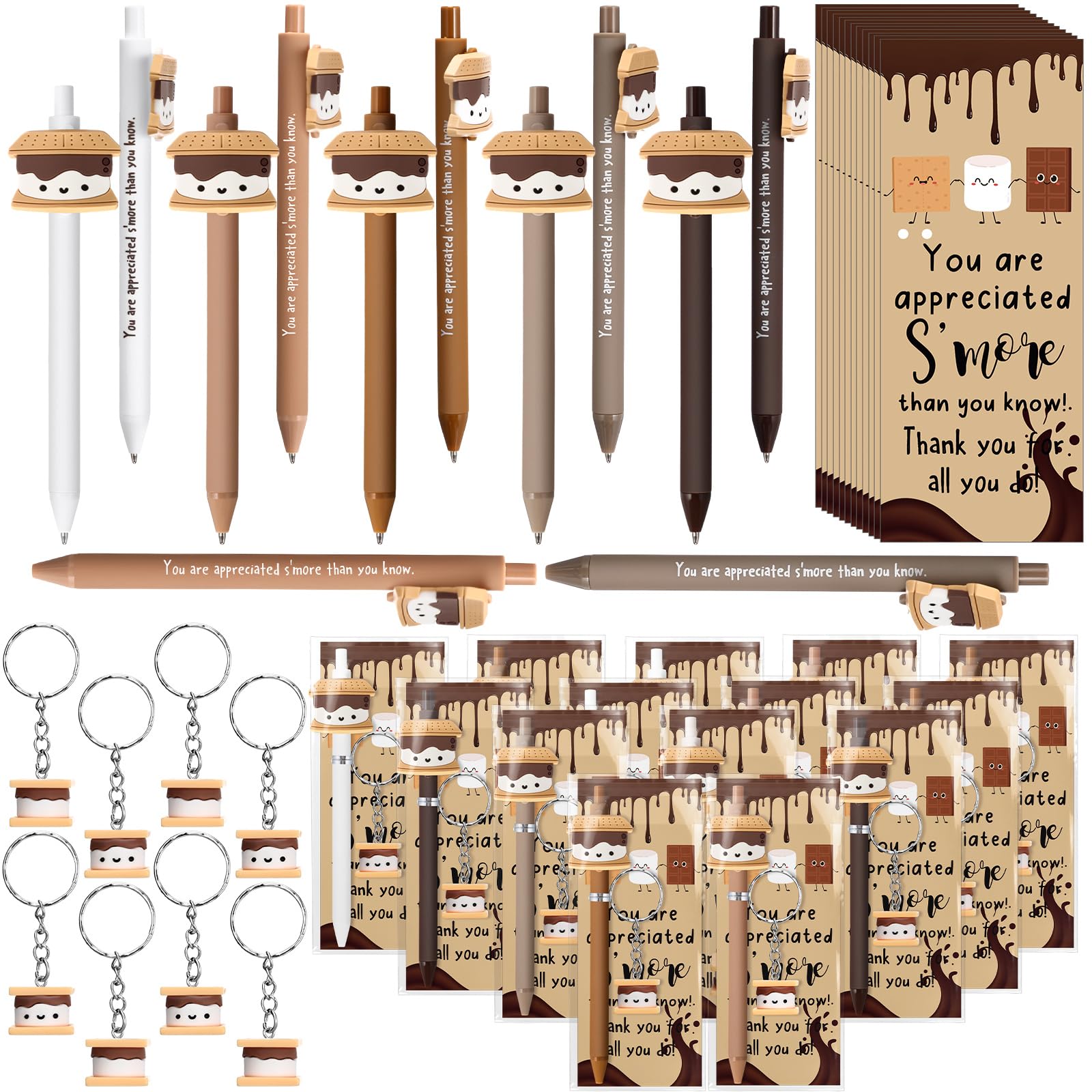 Sayglossy 30 Set Inspirational Gifts S'more Gifts Pens Sets Motivational Marshmallow Ballpoint Pens Keychains Bookmark Office Valentines Day Gift for
