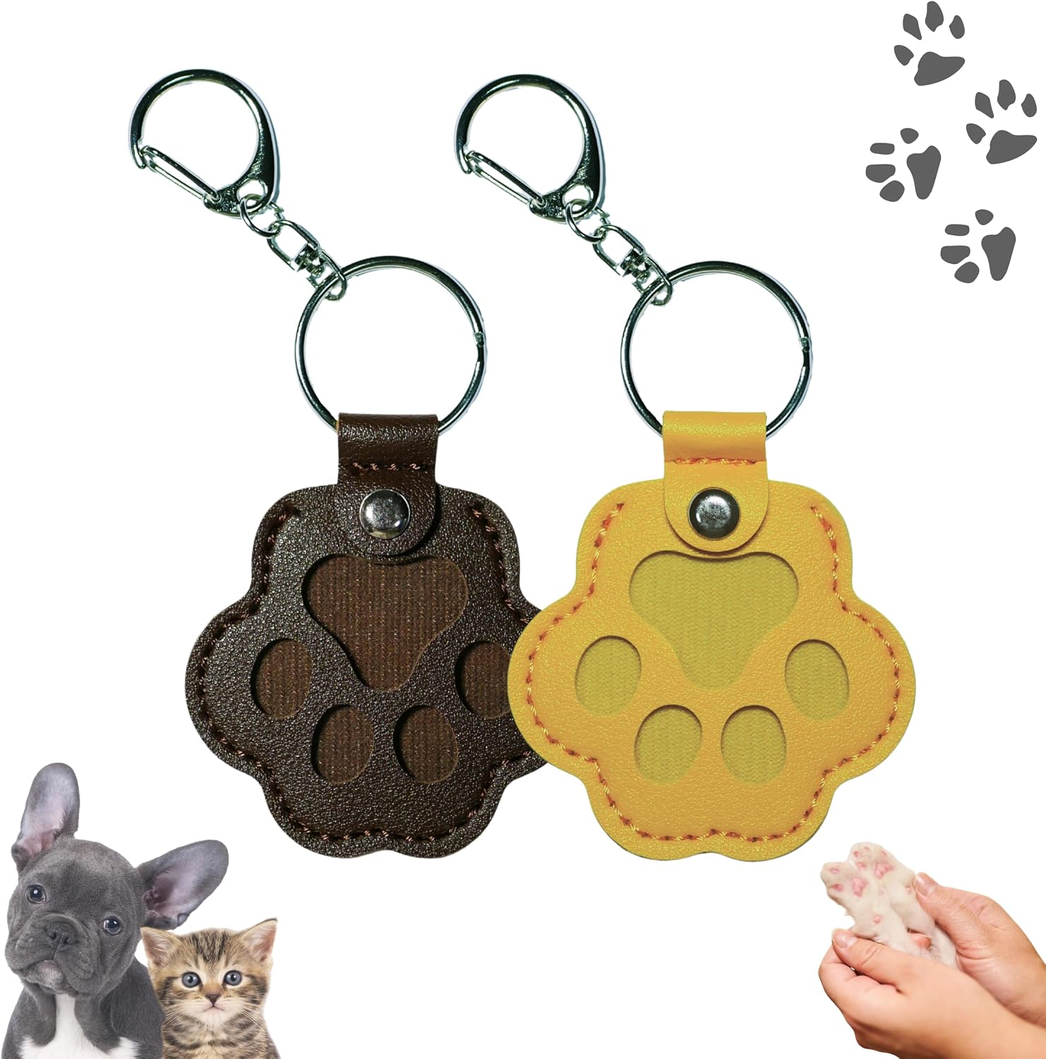 2 Pcs Pet Hair Storage Keychain Set,Pet Memorial Collection Keepsake,Dog Fur Storage Keyring for Bag Purse Paw Charm Key Holder,Pet Memorial Gift for Collecting Cat&Dog Hair(Yellow&Chocolate Brown)