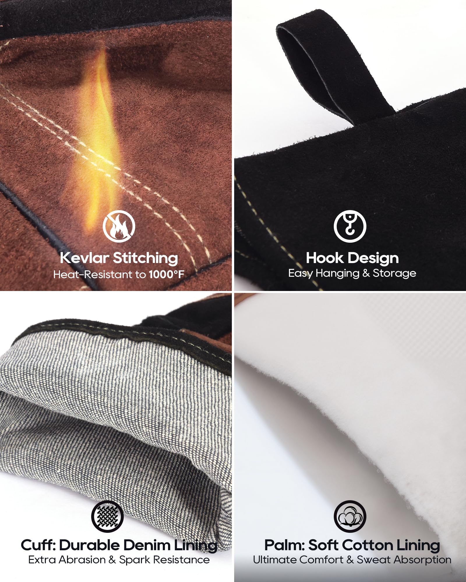 TOPDC Guantes de soldadura de cuero reforzado resistentes al calor y al fuego de 16 pulgadas, resistentes al fuego con costuras de Kevlar para Mig, Tig, Stick, Forge, barbacoa, parrilla, horno